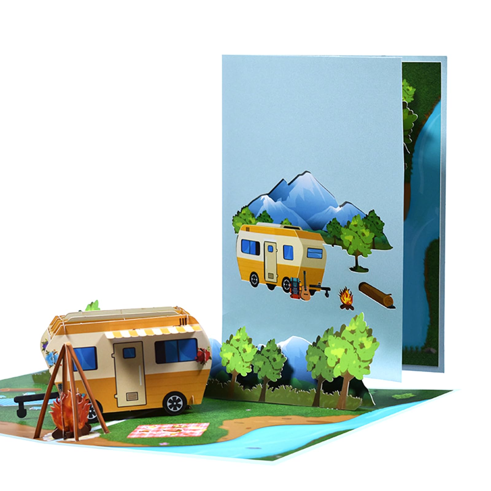 Koboko Kartka pop-up z przyczepą kempingową, kartka urodzinowa 3D, bon podróżny na kemping, prezent na kemping, zabawny prezent na kemping dla kobiet i mężczyzn