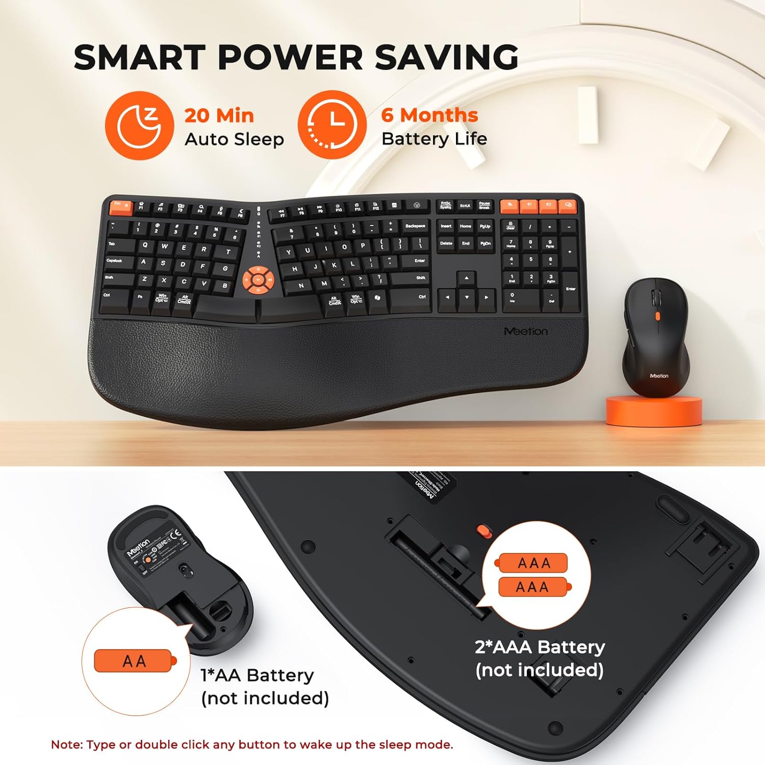 Keyboard and mouse showing battery life and auto-sleep feature