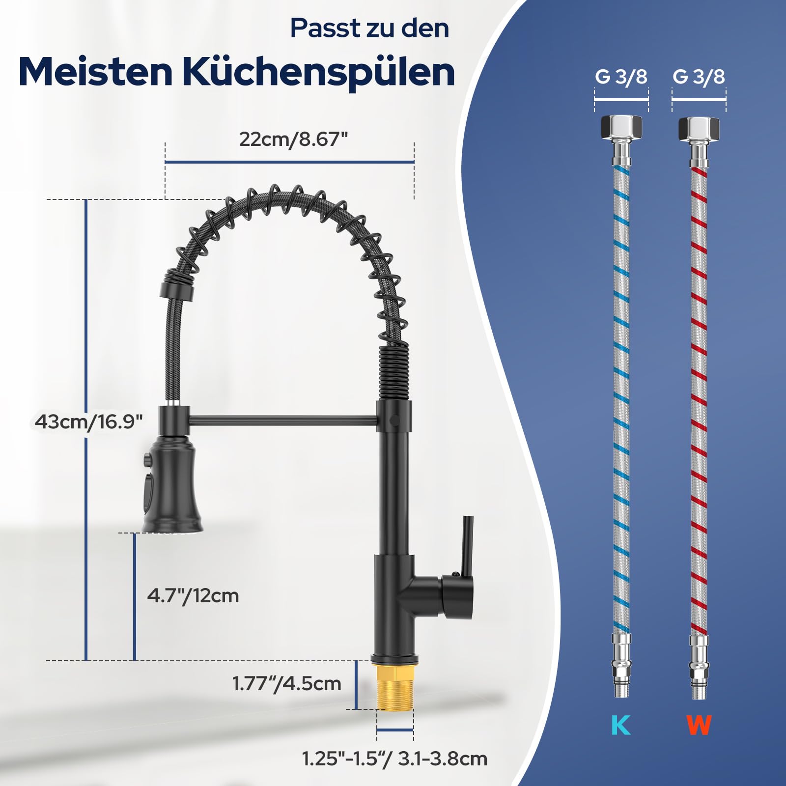Hochdruck Küchenarmatur mit Brause Ausziehbar-3 Sprühfunktionen Wasserhahn Küche, 360°Drehbar Küchenarmaturen Armatur Küche, Edelstahl Schwarz