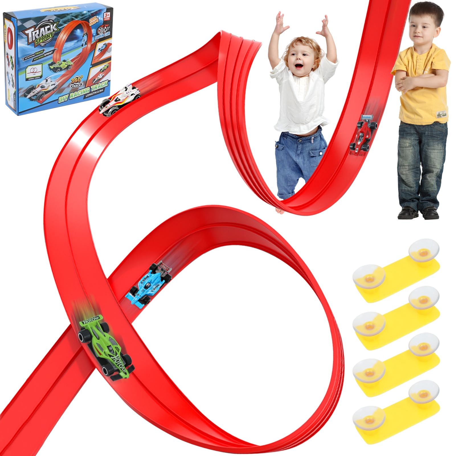 XIAPIA Car Track 4m, Flexible Toy Car Race Track Fits Hot Wheels, Diecast Cars, Flexible for Loops, Jumps, Ramps, Classic Long Roll Up Race Track with 4 Cars and 12 Suckers, Gifts for Kids Toddlers