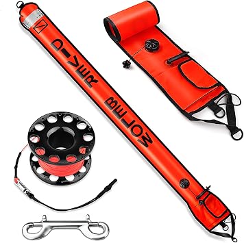Scuba Diving SMB and Reel Set - 5ft High-Visibility Surface Marker Buoy DSMB with 100ft Finger Spool Dive Reel - 316 SS Bolt Snap - Professional Oral & Octo Inflation Signal Tube Orange