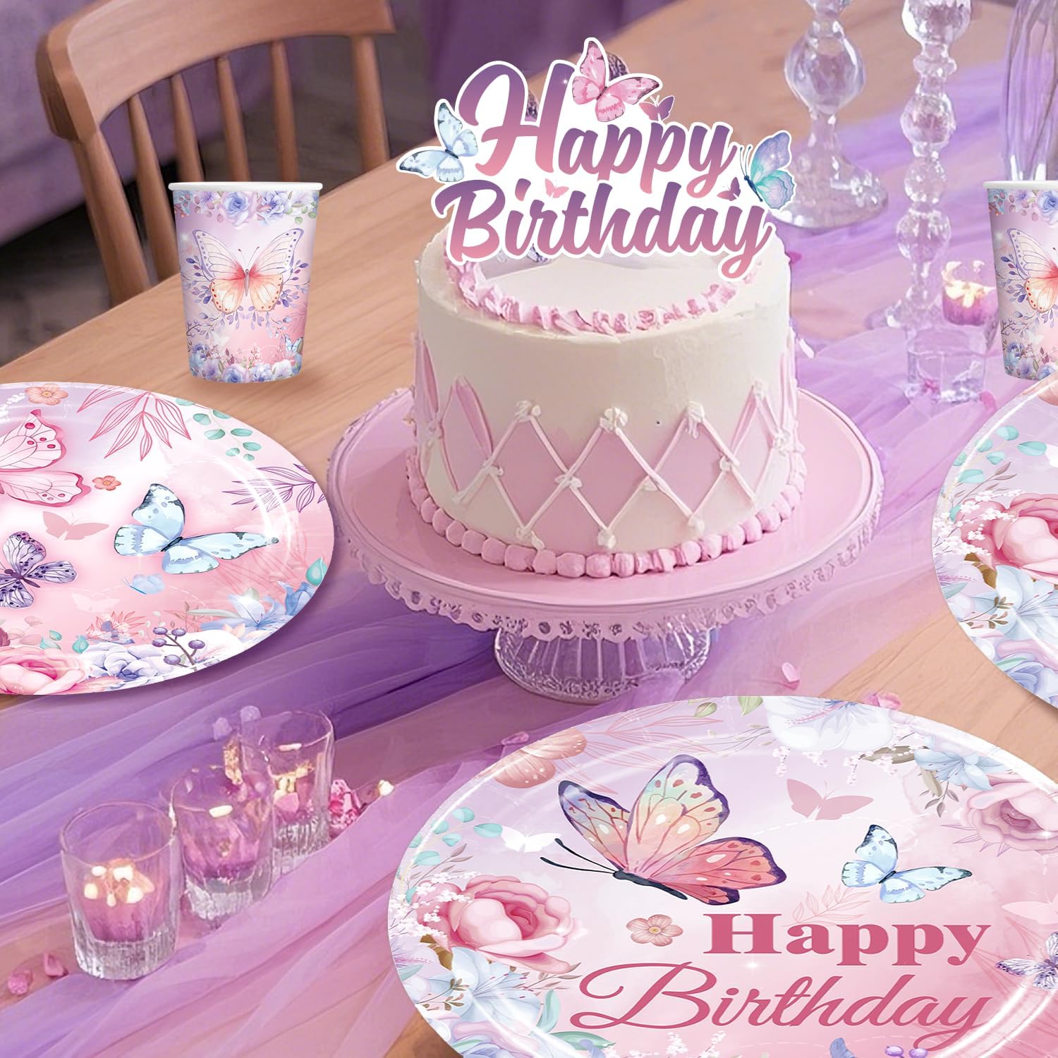 cocomigo 196 Pieces Butterfly Birthday Decor Includes Butterfly Plates & Napkins Set, Banner, Hanging, Tablecloth, Cupcake Topper, Balloon, Table Decor, for Girls Butterfly Party Decors, Serves 25