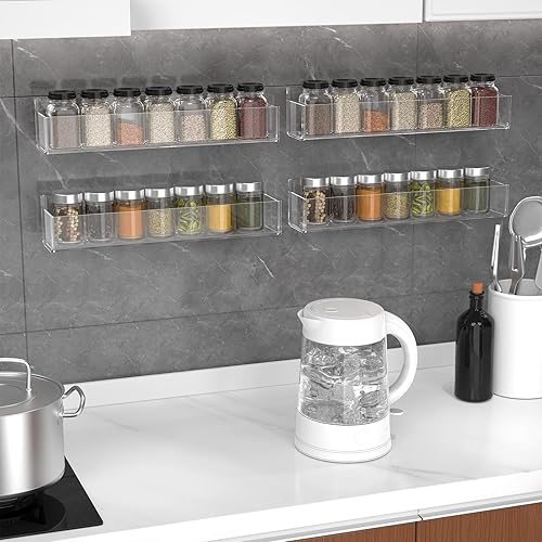 Miniatura 7 de PMMASTO Organizador de especias acrílico adhesivo para pared con 2 cintas nanas de doble cara, organización de estante de especias para puerta de