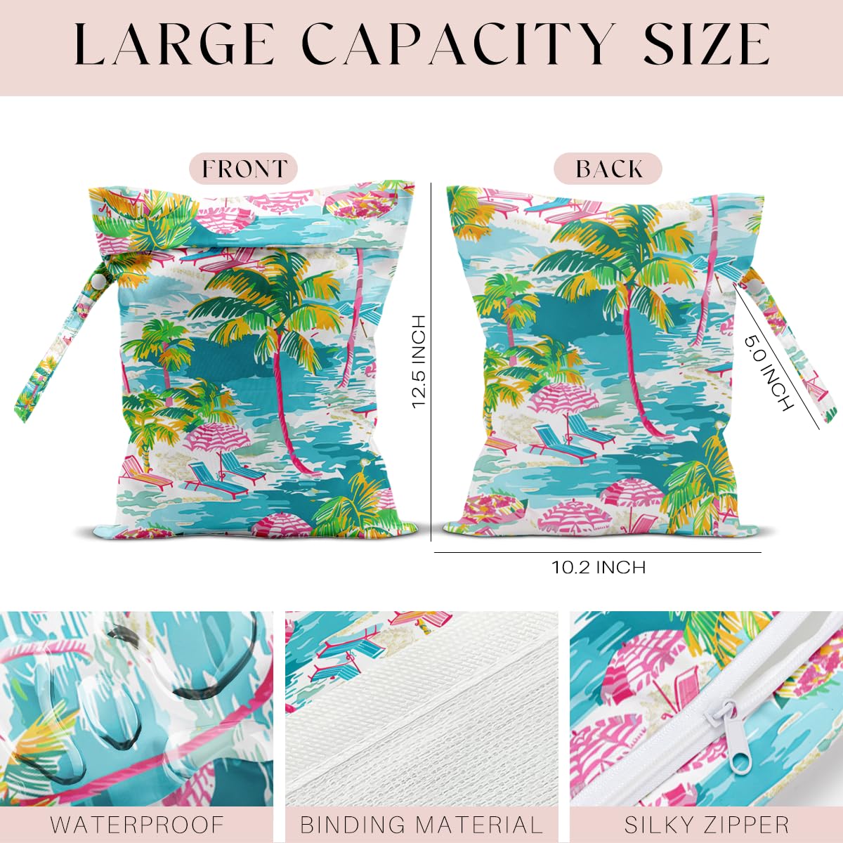 Wet Bag, Wet Dry Bag, Waterproof Swim Bags, Machine Washable Reusable Bags for Beach, Pool, Diapers, and Dirty Yoga Gym Clothes(Watercolor Palm Tree & Beach Umbrella Pattern - 3