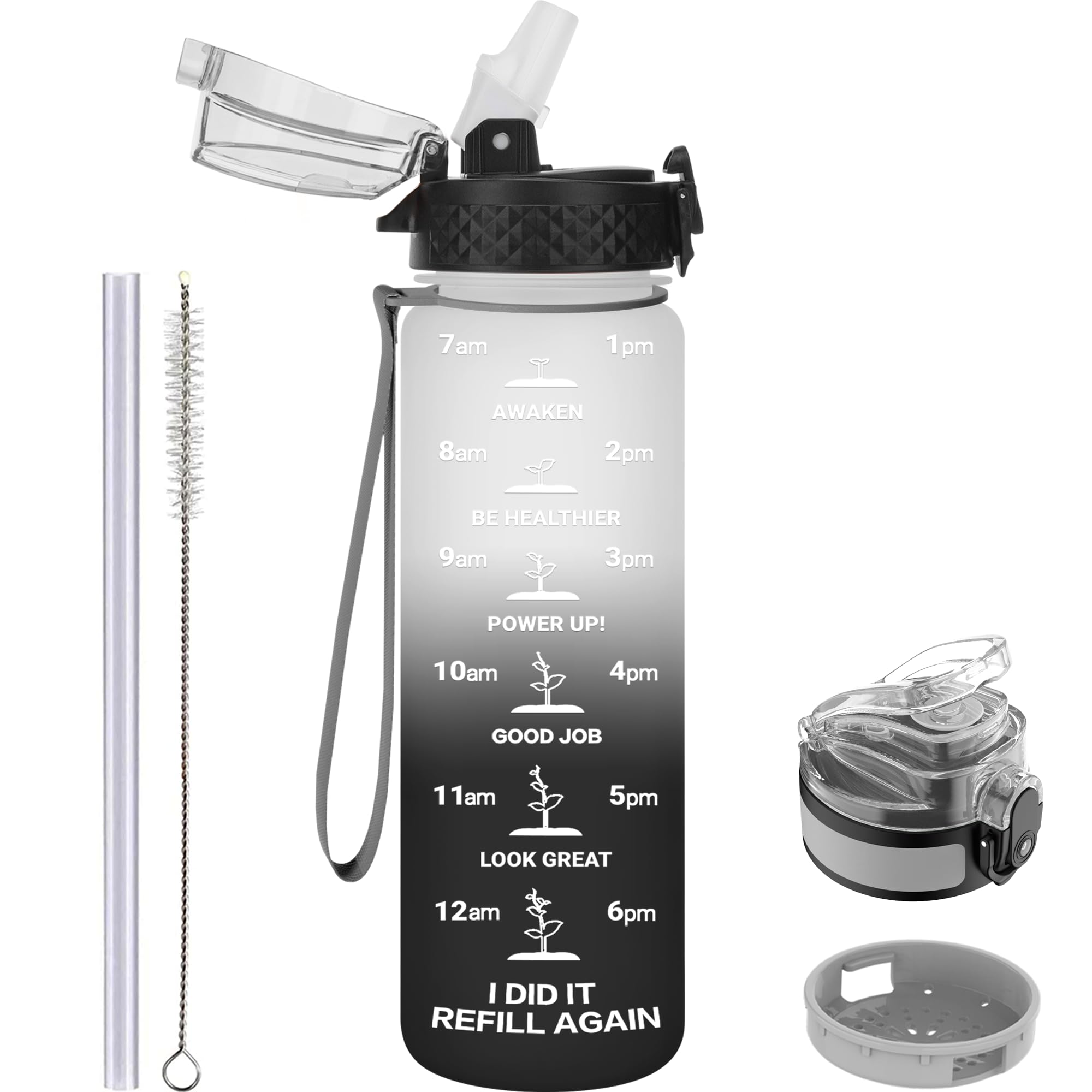 GOPPUS 500ml/17oz Kids Water Bottles with Straw Tritan Childrens Bottle with Flip Top Lid BPA Free Measured Drinks Bottle with Strap Sports Reusable Time Markings Leakproof (White Black)