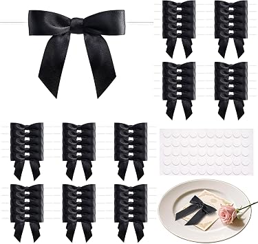 50 Pcs Satin Ribbon Black Bows, 2.75" Twist Tie Bows for Gift Wrapping | Premade Black Bows for Treat Bags, Party Favors Wedding Decorations
