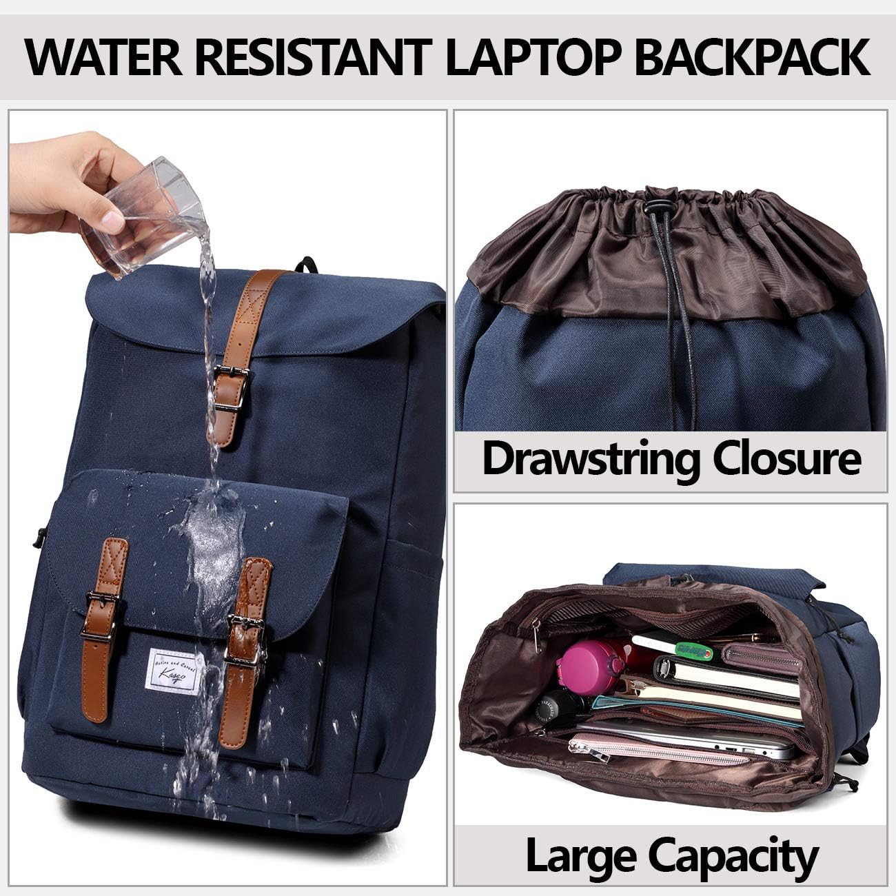 Kasqo Backpack for Men and Women, 15.6 Inch Laptop Backpack Large Capacity 19L Water Resistant Drawstring Flap Bag College, Blue