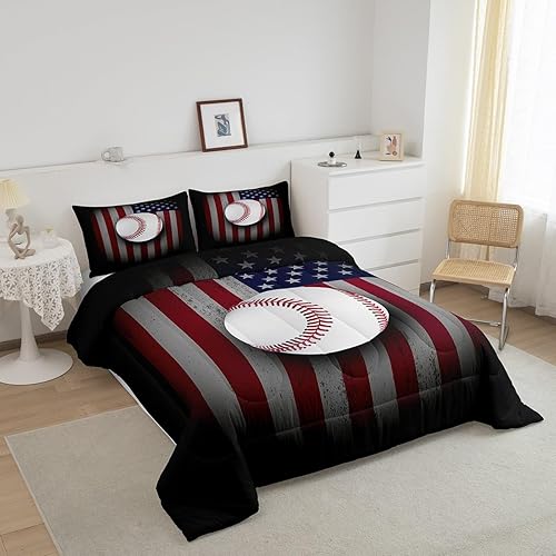 Miniatura 5 de Manfei Juego de edredón de béisbol de tamaño matrimonial juego de ropa de cama de bandera estadounidense 3 piezas para decoración de dormitorio de