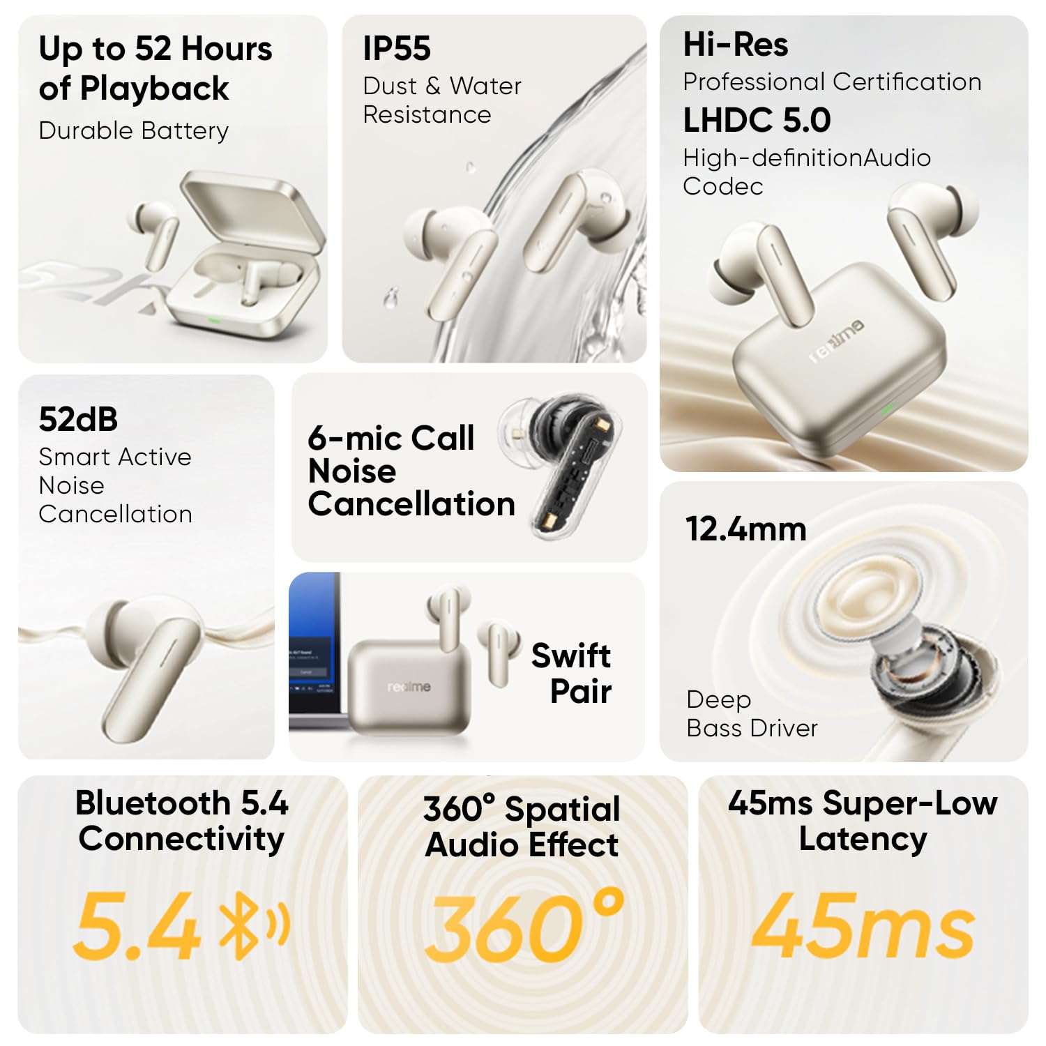 realme Buds Air 7 Cuffie wireless, Driver Deep Bass da 12,4 mm, Cancellazione attiva del rumore smart fino a 52 dB, Spegni il rumore, accendi la musica, Oro