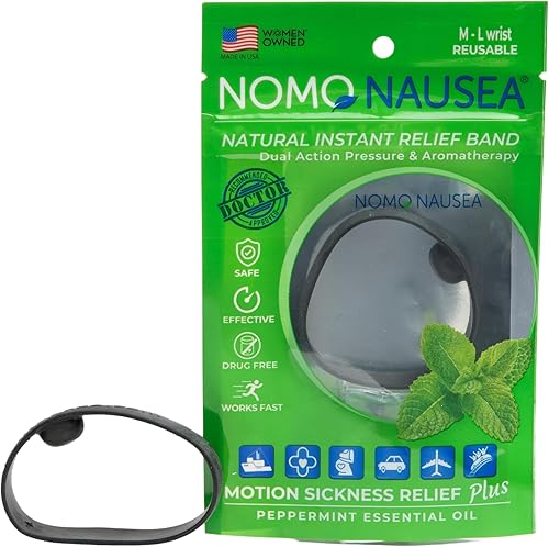 Miniatura 8 de NOMO Pulsera antináuseas  Banda de alivio instantáneo con aromaterapia y acupresión de menta  Banda de náuseas para adultos para mareos por Negro,