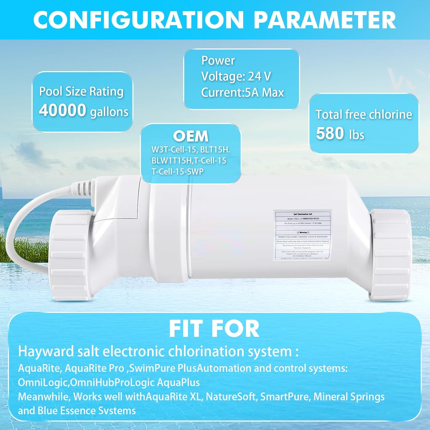 T-15 Salt Water Pool Chlorinator System Replacement Fits for AquaRite, AquaTrol & More Salt Cell for Pool Up to 40K Gallon Salt In Ground Pool