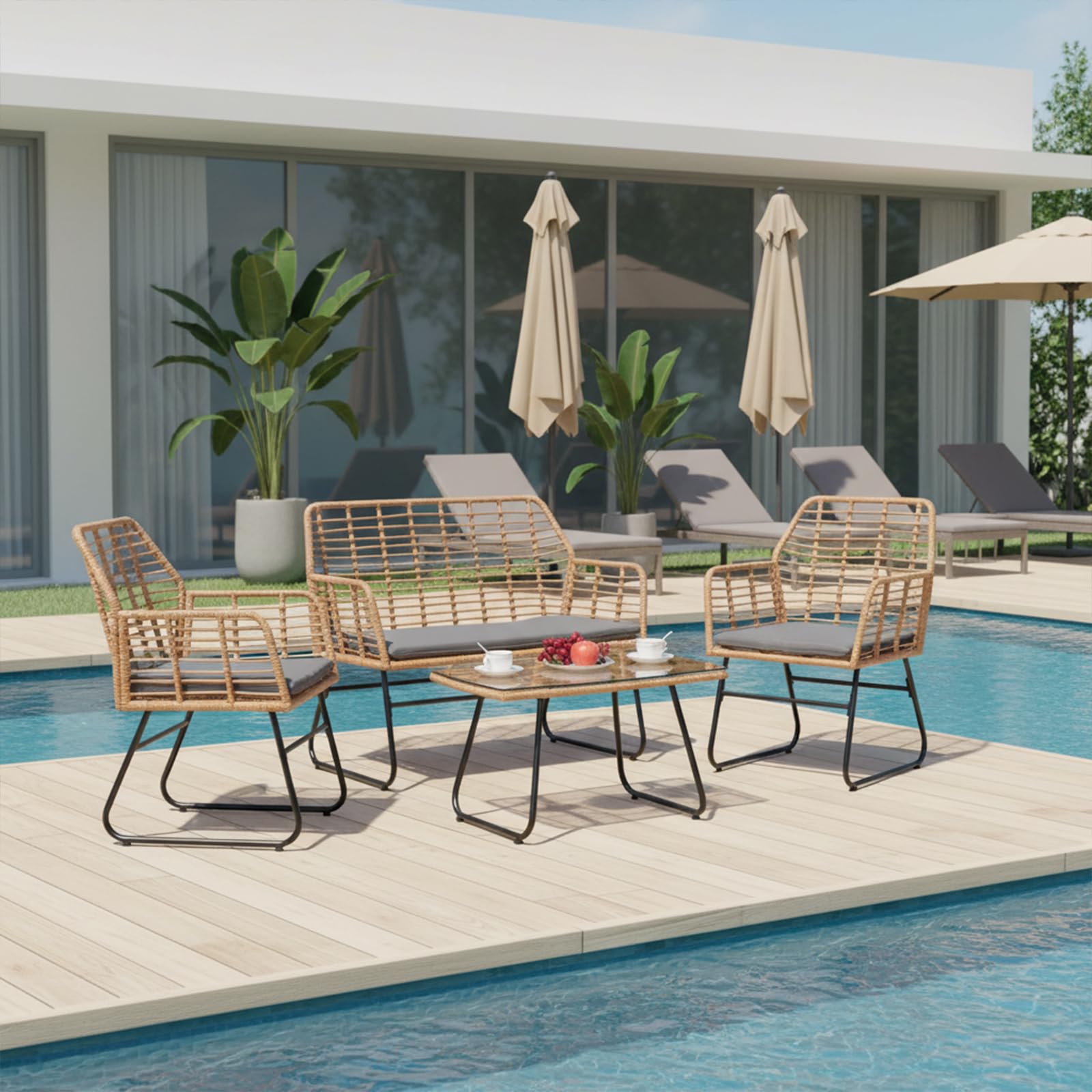 DazzlerE Outdoor Table and Chairs Set 4 Rattan Garden Furniture Set, Patio Furniture Set with Adjustable Feet, Brown, 1 Sofa + 2 Armchairs + 1 Table