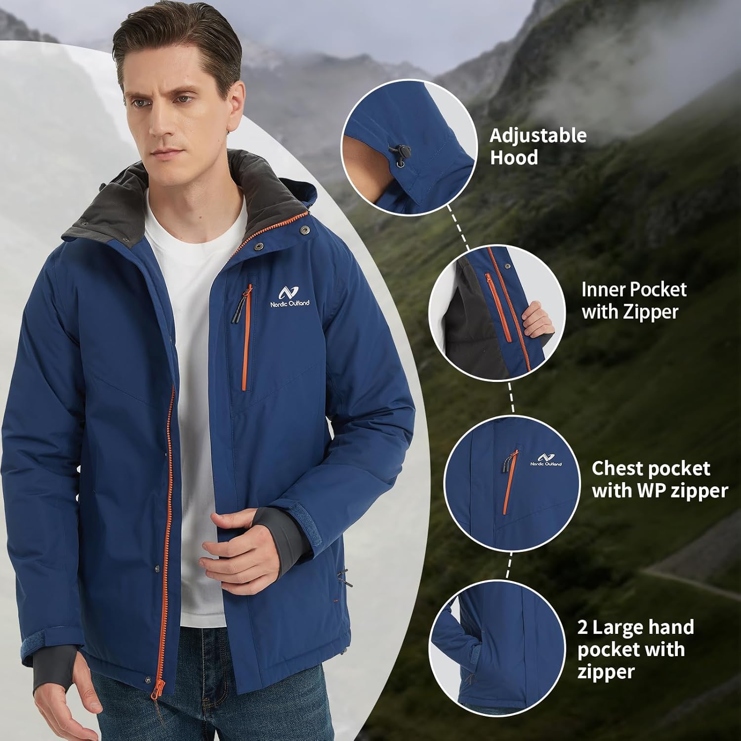 Men's Winter Ski Jacket,Waterpoof Insulated Snow Coat,Windproof Hooded Warm Raincoat Windbreaker