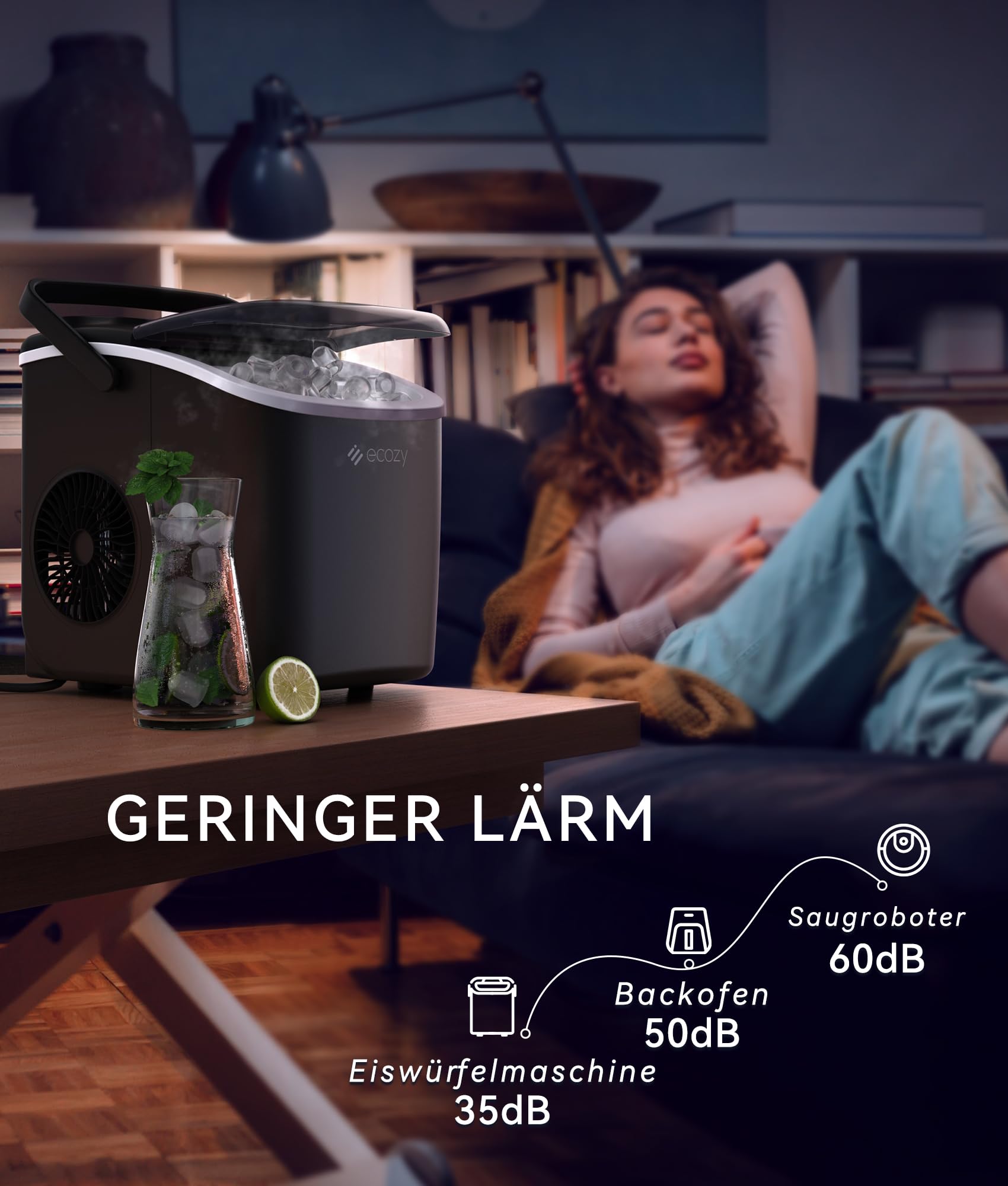 ecozy Eiswürfelmaschine Klein, Selbstreinigende Ice Maker, 2 Eiswürfel Größen, 9 Würfel in 6 Minuten Fertig, 12 KG/24H Schaufel und Korb für Küche, Büro, Bar, Party