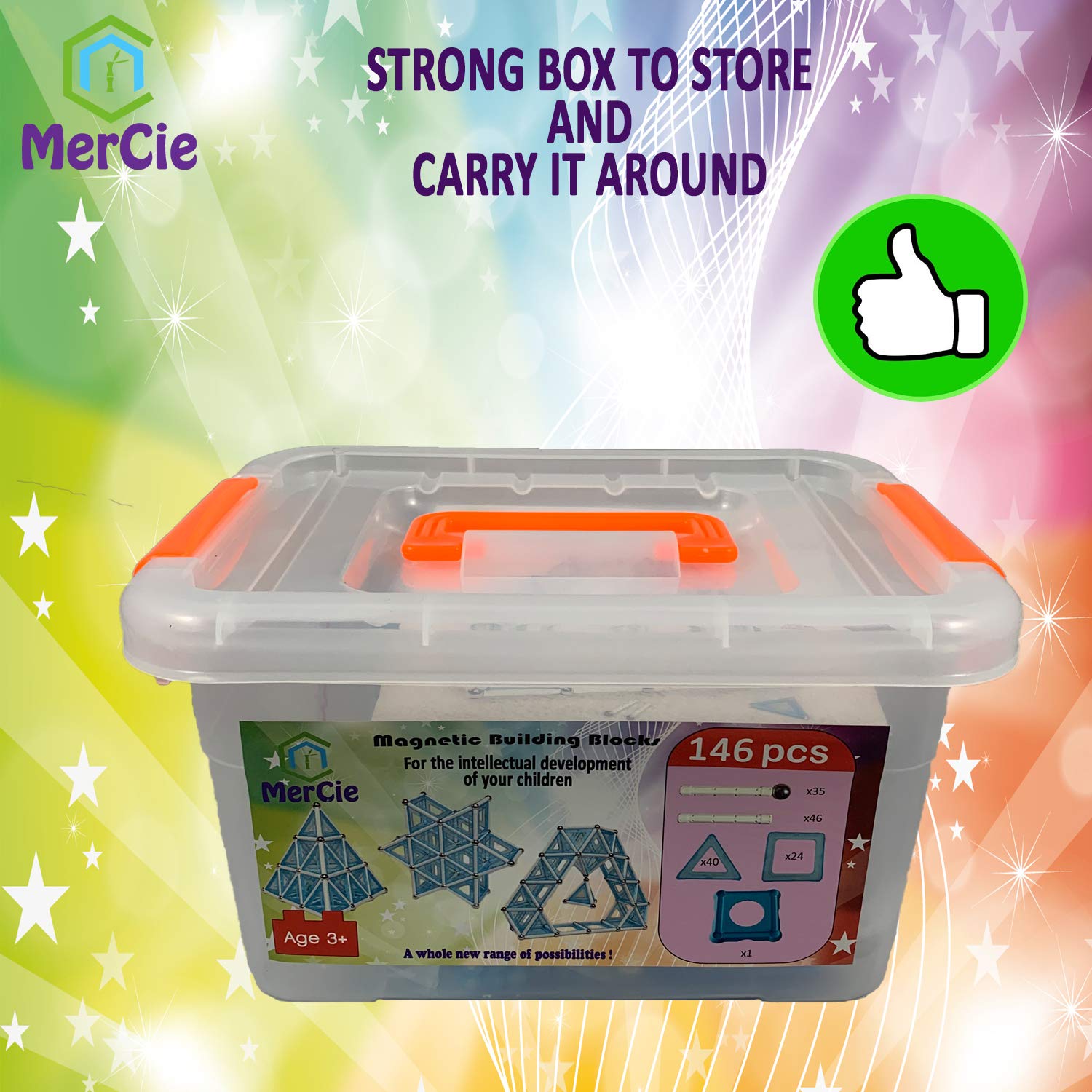 MerCie Blocs Magnétiques 146 Pièces – Bâtons XL Aimants Puissants, Tuiles, Base, Boîte Rangement – Créatif 3 Ans+