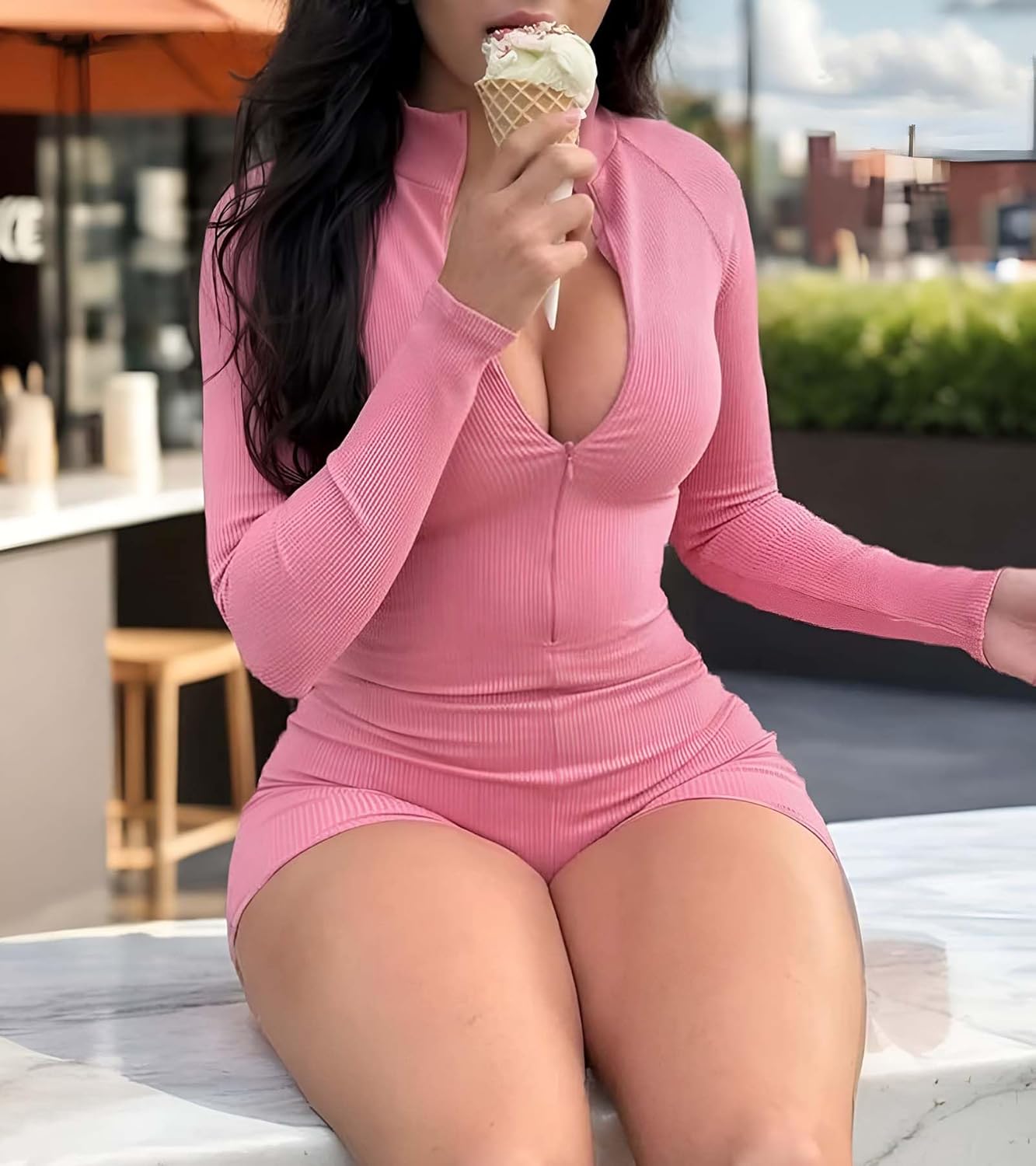 Women's Athletic Jumpsuit, Pink Ribbed Long Sleeve Bodysuit, Slim Fit Moisture Wicking Stretch Romper for Casual Wear - Image 2