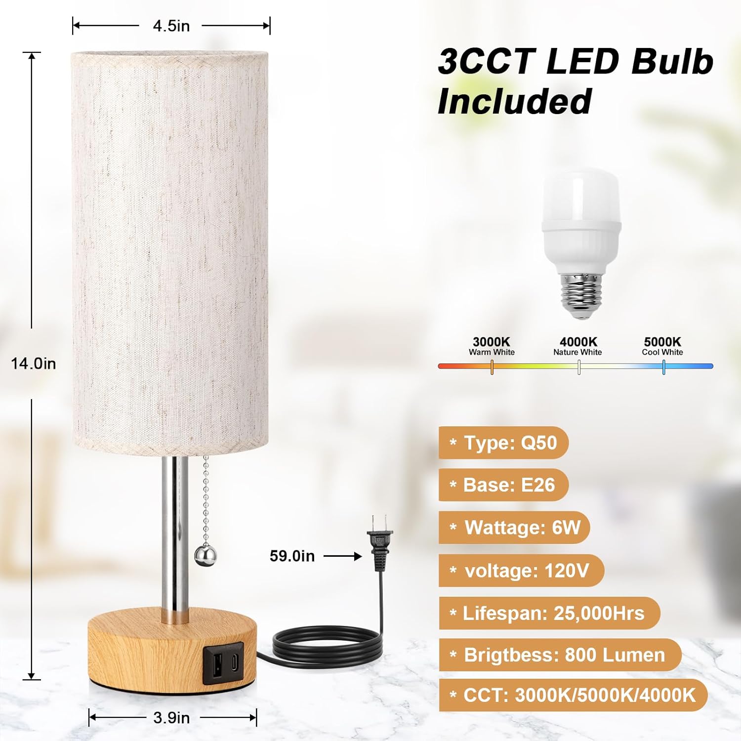 PartageiZ Small Table Lamp for Bedroom Nightstand - Bedside Lamp with USB A + C Charging Port, 3 Color Temperatures Pull Chain Night Stand Light, Wood Base Desk Reading Lamp for Class Room/Nursey