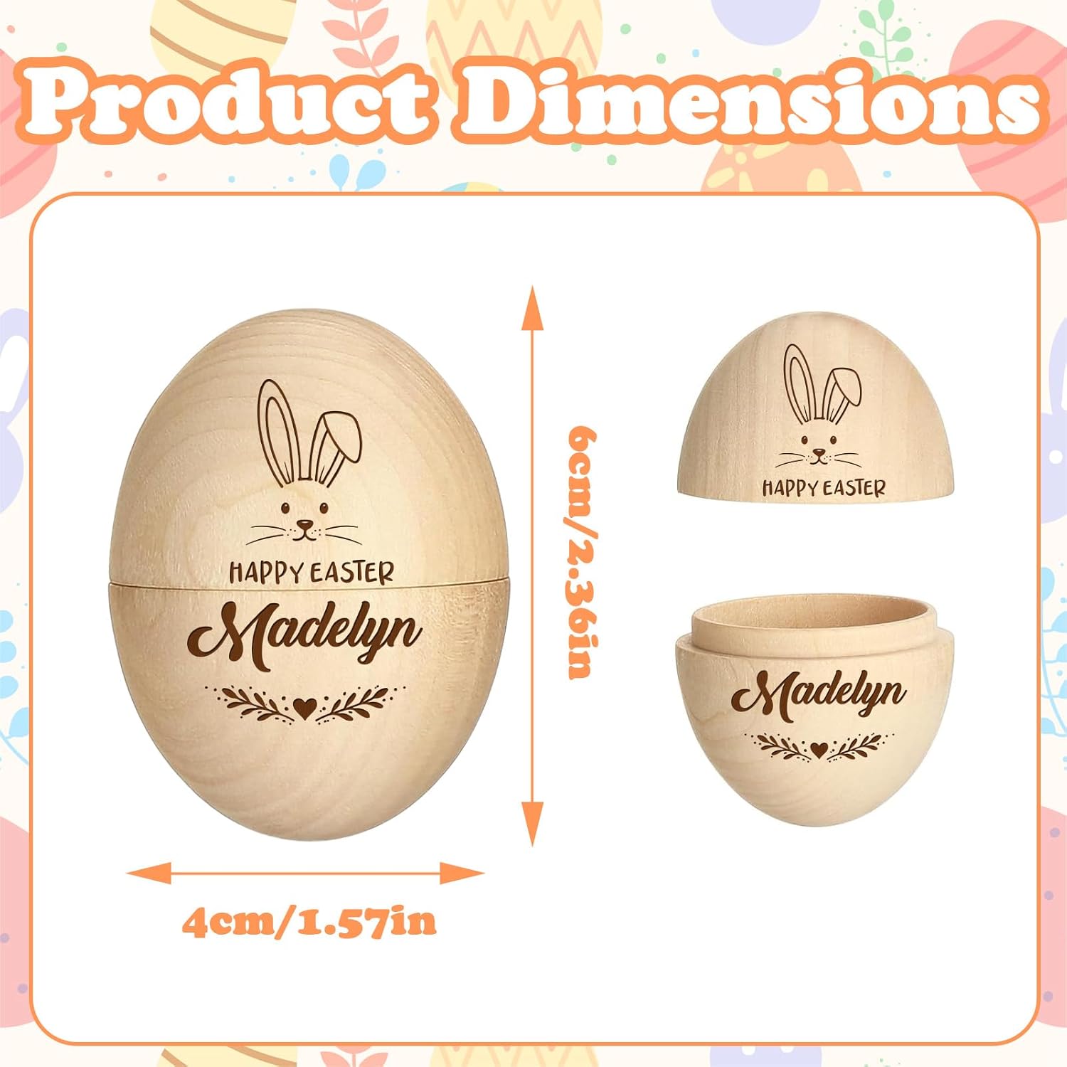 Personalized Fillable Easter Eggs Custom Bunny Rabbit Pattern Wooden Easter Egg with Name Baby's First Easter Gifts Basket Stuffer for Boys Girls Home Decor