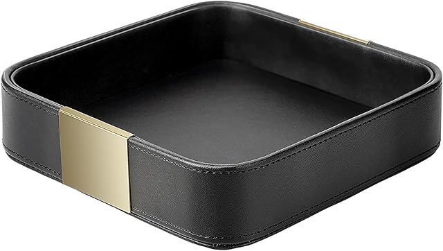 SANZIE Luxury Leather Desktop Storage, Small Catchall Organizer, Decorative Tray for Entryway Table to Hold Jewelry,Watch,Cosmetics,Keys,Phone,Wallet,Home & Office Accessories (Black)