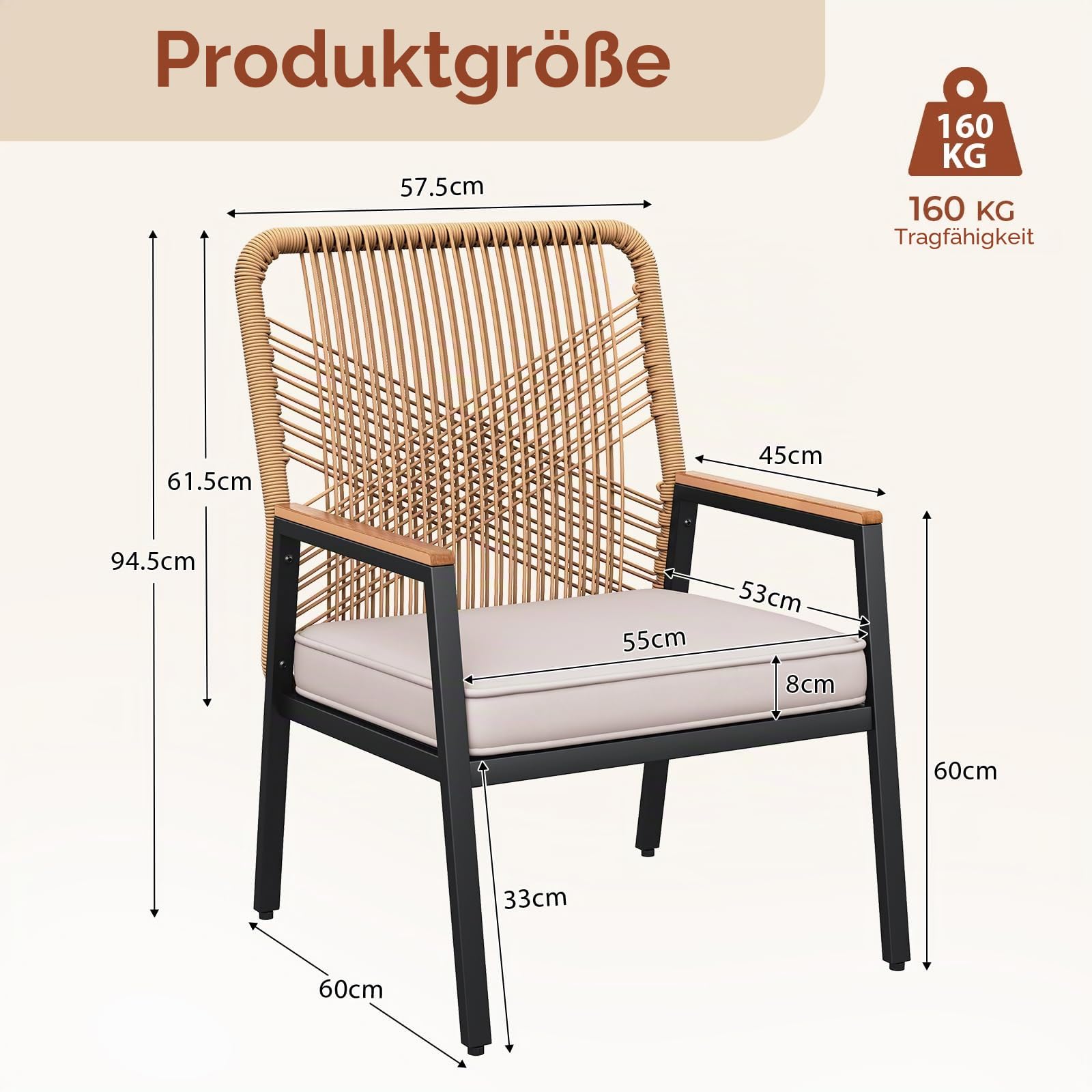 LIFERUN Gartenstuhl Rattan 1er Set, Terrassenstühle, Balkonstühle Metall