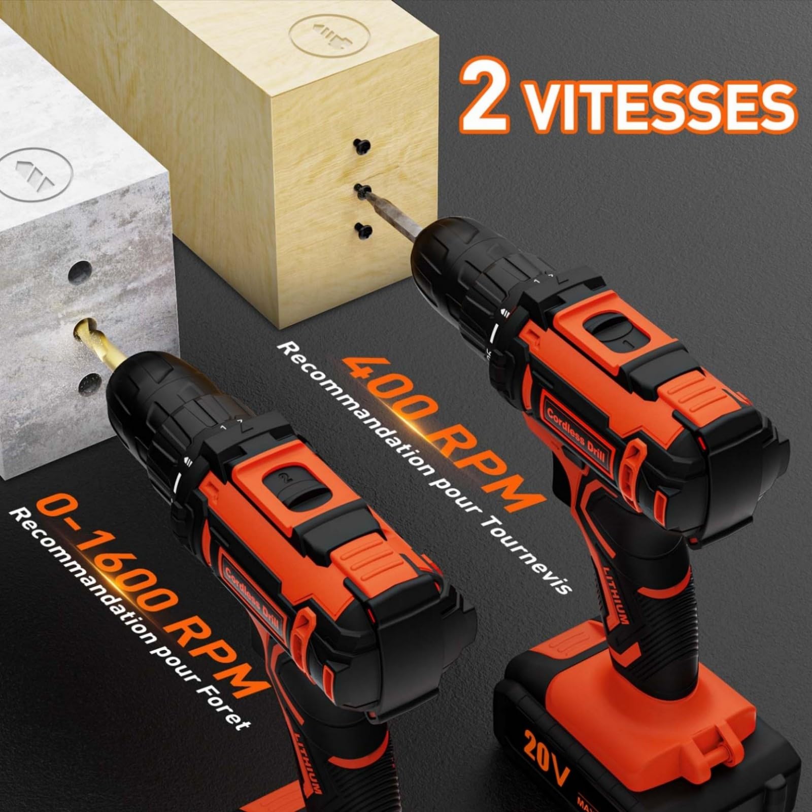 Perceuse Visseuse Sans Fil 20V, Visseuse Devisseuse Sans Fil avec 2 Batteries 2.0Ah, 42Nm, 25+1 Réglages de Couple, 2 Vitesses, LED, 24 Accessoires et Valise, pour la Bricolage