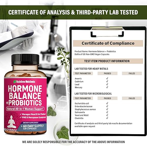 Miniatura 6 de Equilibrio hormonal + probióticos para mujeres (3450 mg) Alivio natural para la menopausia, peso, hinchazón, sofocos, manejo del síndrome