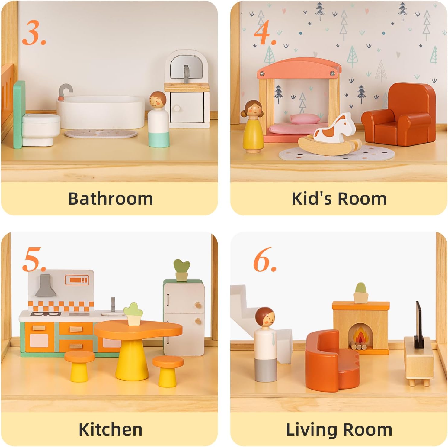 OOOK Large Wooden Dollhouse with 42 Pcs Luxurious Furniture Accessories, 3-Story Doll House 6 Rooms Balcony Wooden Stairs, Ideal Modern Doll House for 3 Year Old