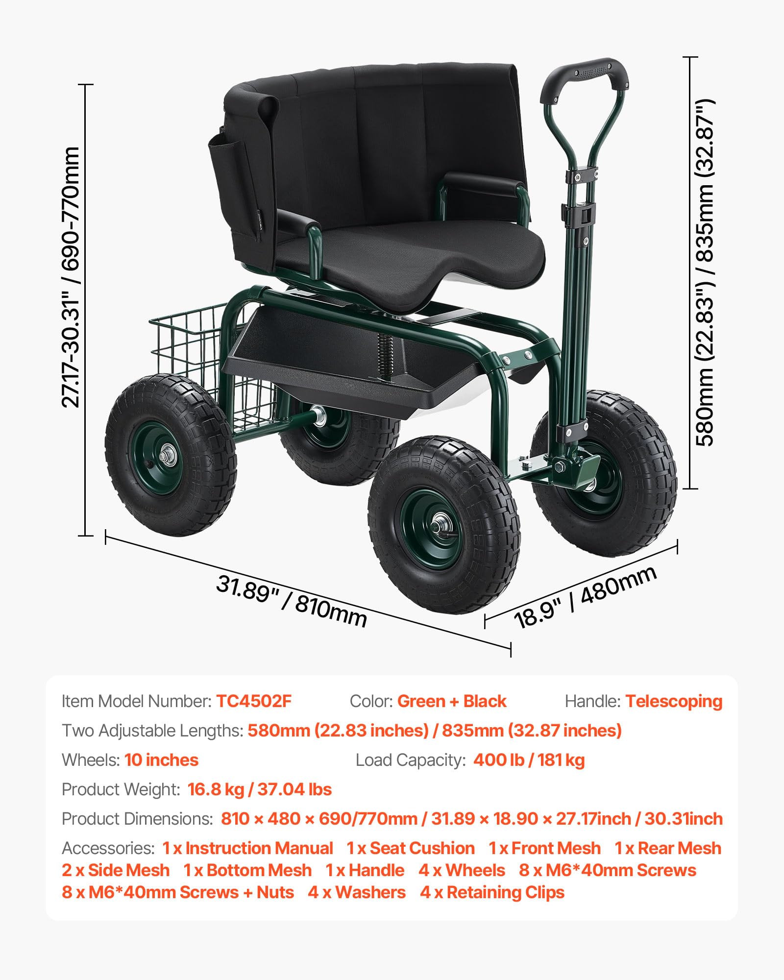 VEVOR Mobiler Gartensitz 810x480x690/770 mm, Gartenrollsitz mit höhenverstellbarer & um 360° drehbarer Sitzfläche, Tragkraft 180 kg, Rückenlehne & Werkzeugaufbewahrung, für Garten, Hof, Terrasse