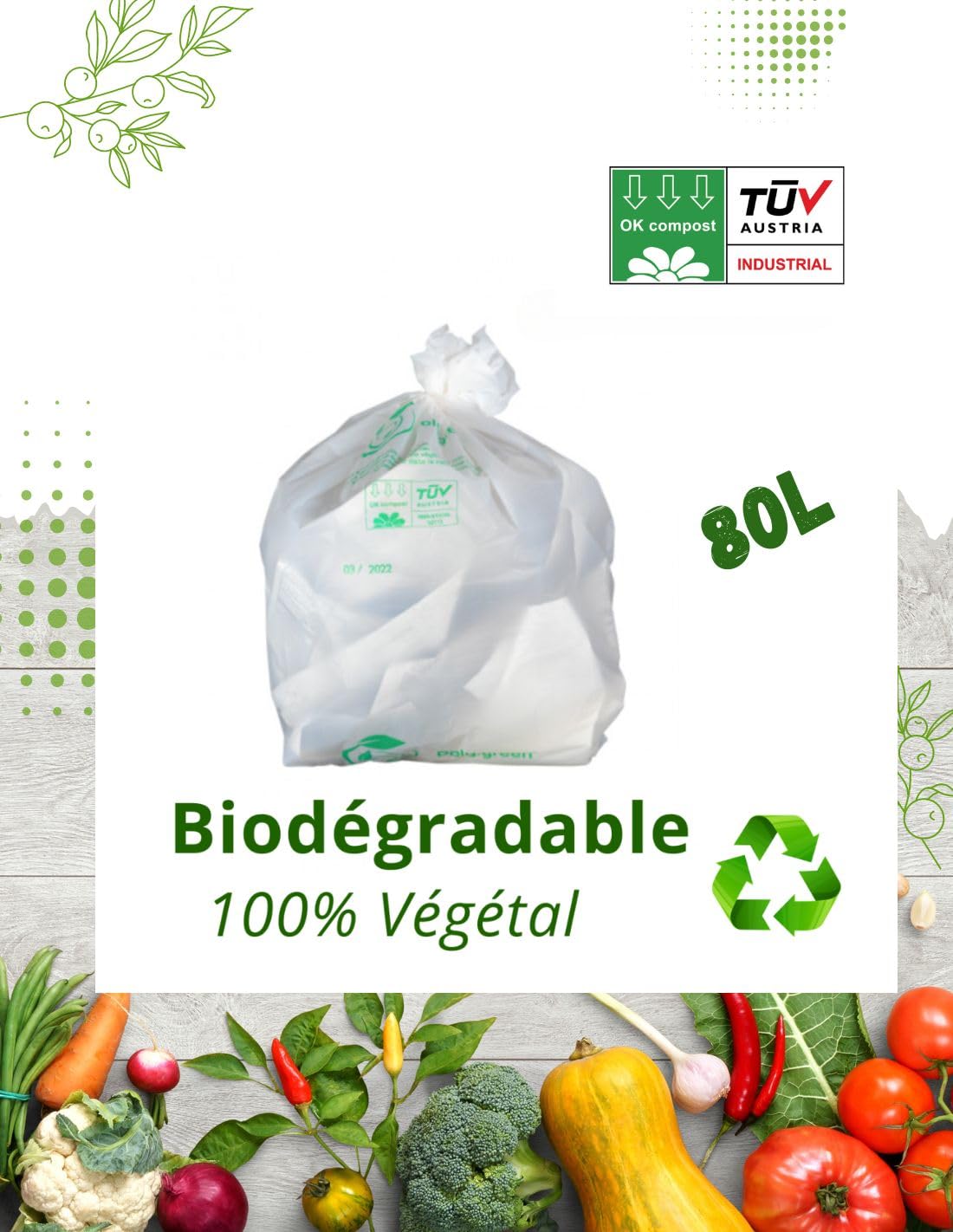 Bolsa de basura blanca biodegradable y compostable | Lote de 50 bolsas ecológicas responsables | Fabricación de materiales vegetales: almidón de maíz | resistente – impermeable | OK Compost EN12432