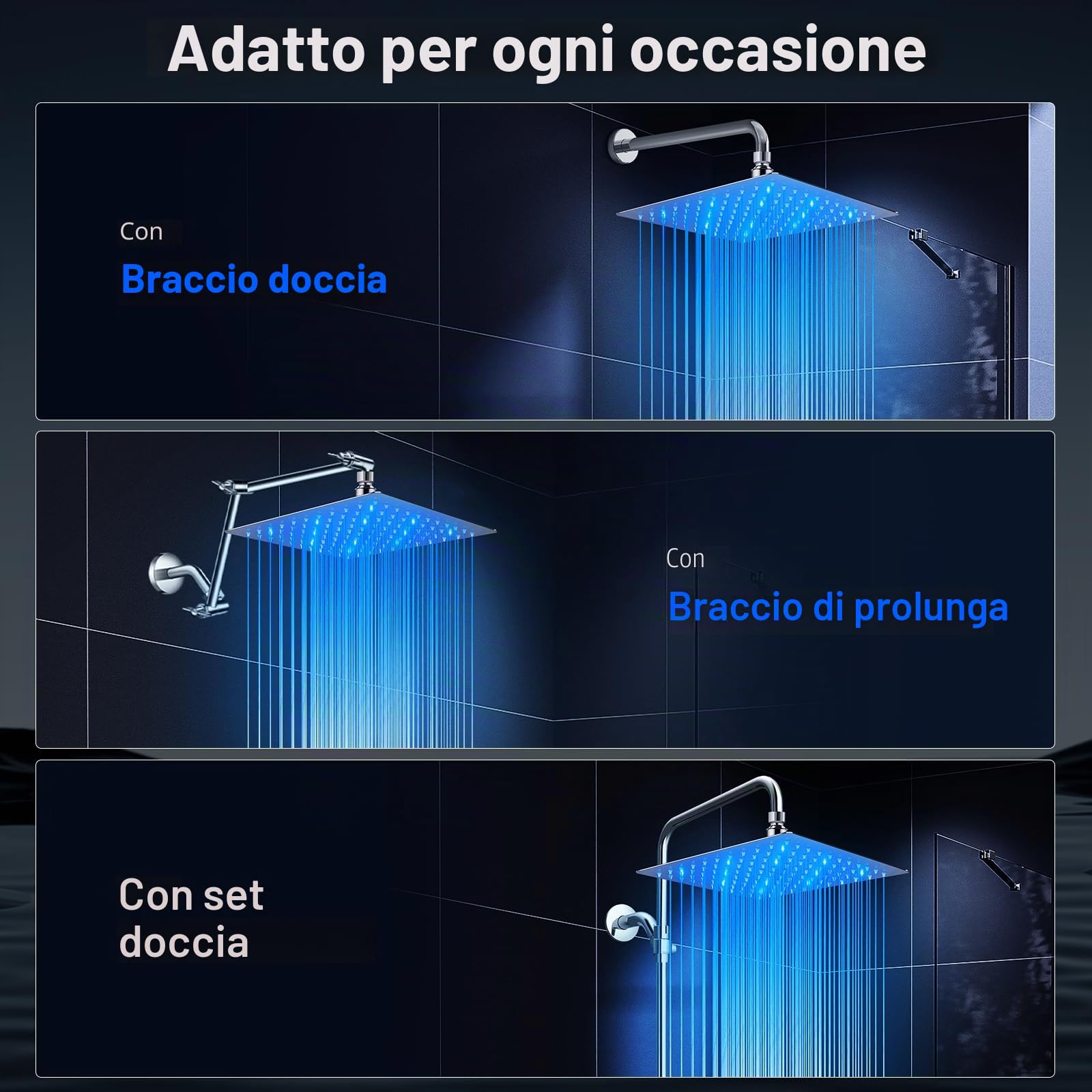 Soffione doccia a pioggia, soffione doccia a LED ad alta pressione da 25,4 cm, anti-intasamento, soffione fisso a pioggia con temperatura controllata che cambia colore, giunto a sfera in ottone