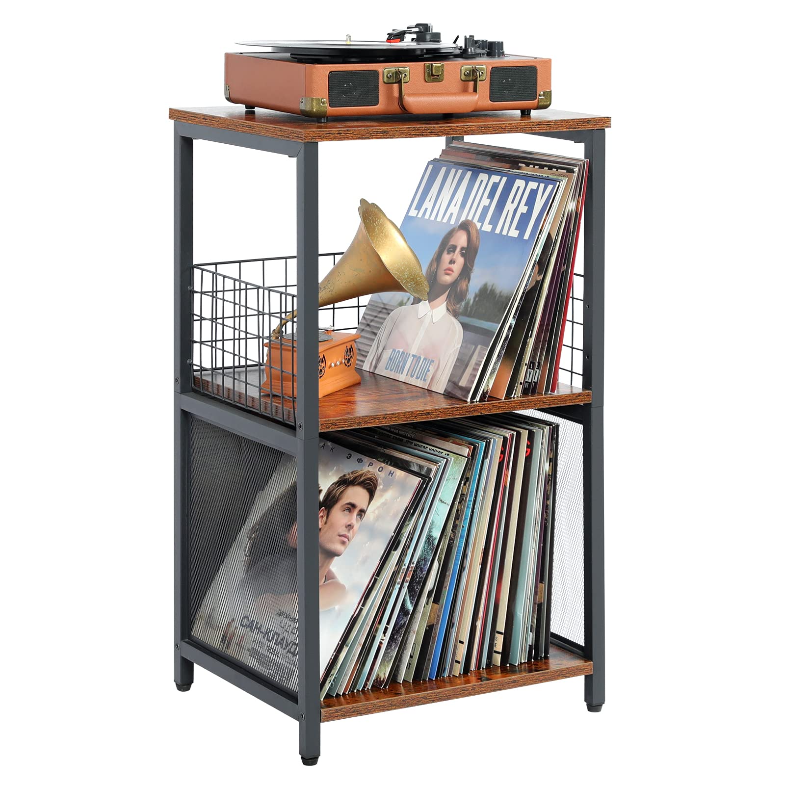 Photo 1 of Record Player Stand, Vinyl Record Storage Table with 2-Tier Record Player Cabinet for Albums, Vinyl Storage End Table Turntable Stand Record Display Table for Bedroom Living Room, Brown