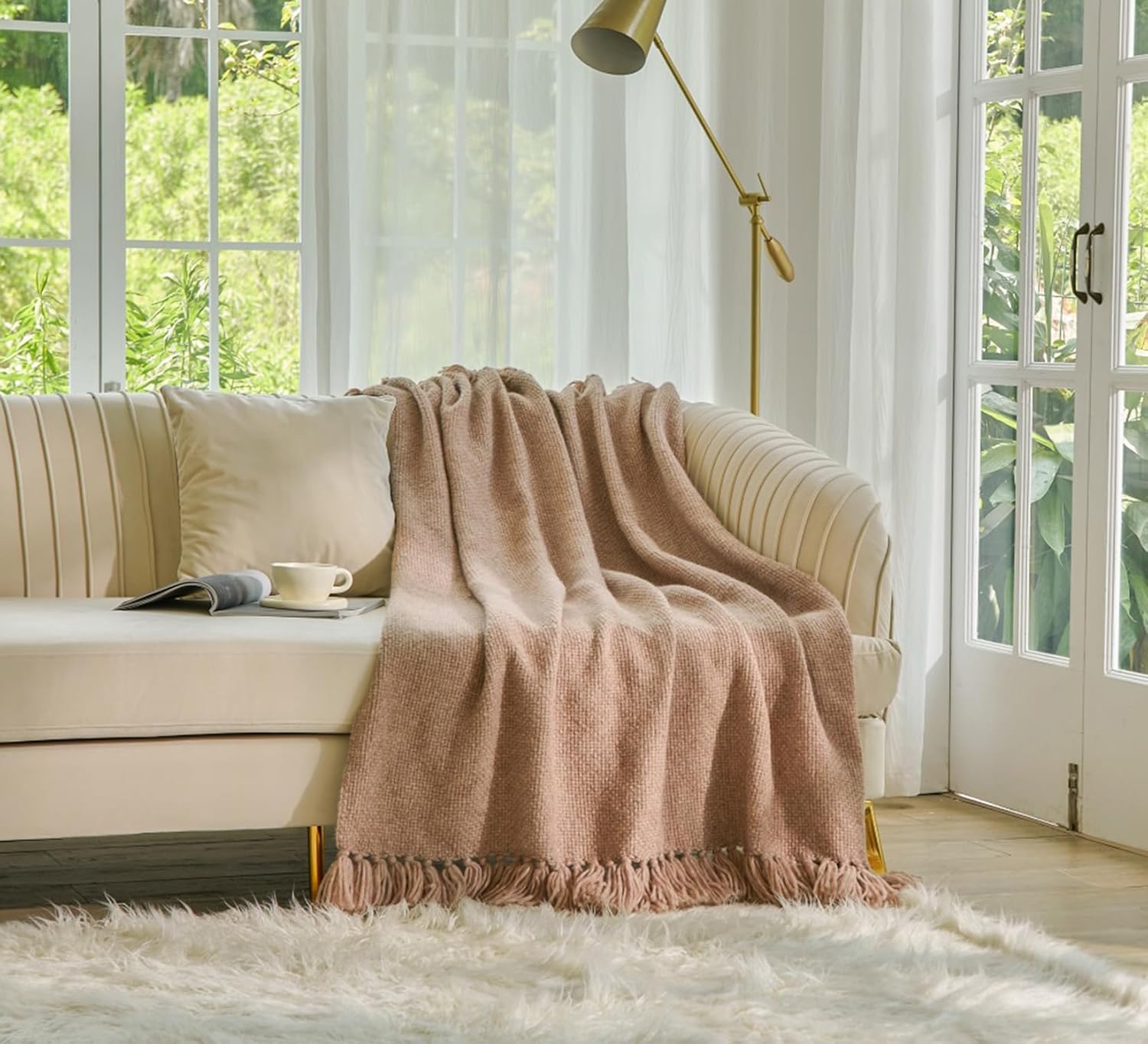 Esterra Luxury Alpaca Blanket Throw with Elegant Hand-Knotted Tassels, Cozy, Warm, and Hypoallergenic Alpaca Merino Wool Throw Blanket for Couch, Bed and Home Décor, Heather Camel, 50x60 Inches