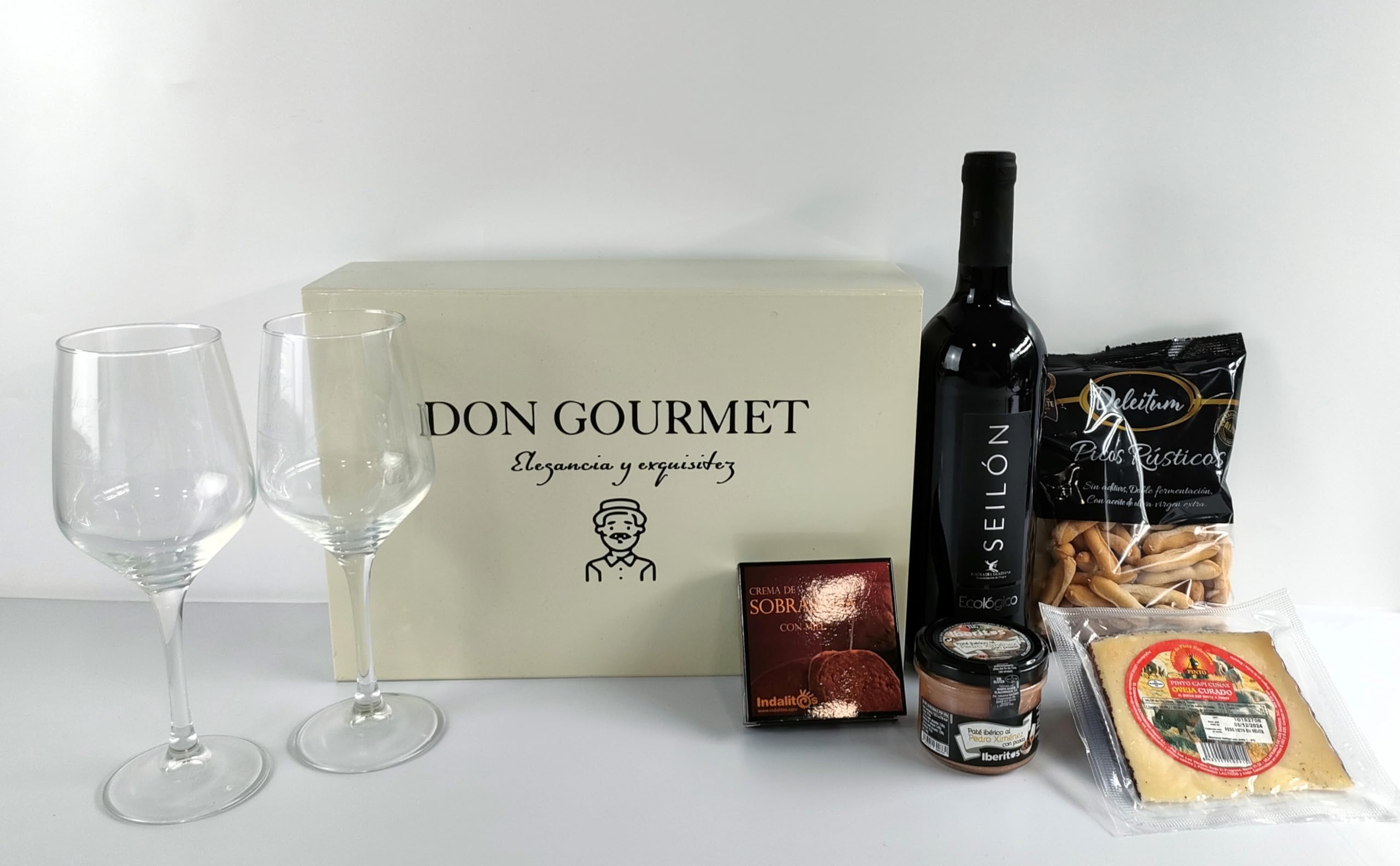 DON GOURMET, Cesta Gourmet para Regalar, Copas de vino personalizadas, Cesta Navidad Queso curado, patés, Cesta de Navidad. Regalo de cumpleaños, Regalo recién casados. Regalo de jubilacion. (2 COPAS)