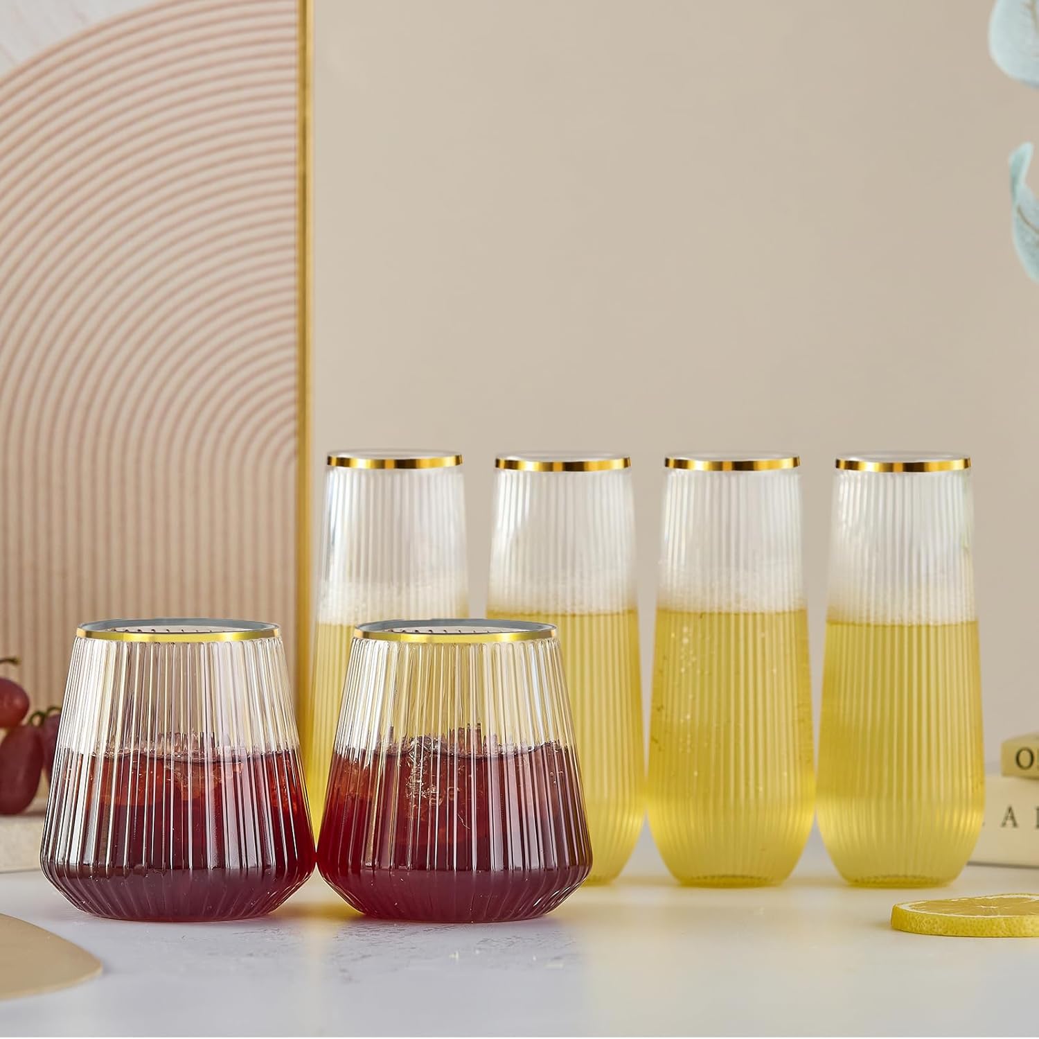 48 Pack Plastic Wine Glasses Disposable Ribbed Champagne Flutes, 24 Pcs 9 OZ Stemless Champagne Flutes & 24 Pcs 14 OZ Disposable Wine Glasses, BPA-Free (Ribbed gold) - Image 5