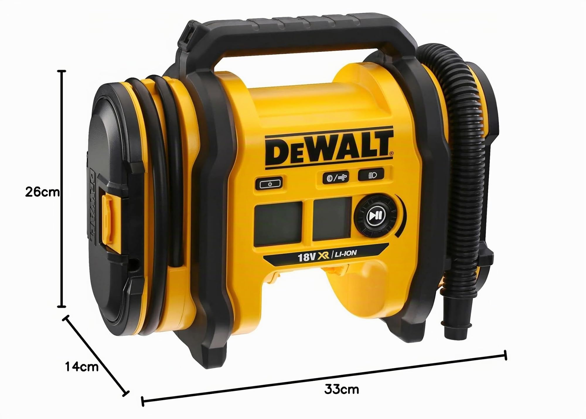 DEWALT Inflador XR 18V, con LED, 3 fuentes de alimentación, Cargador de coche 12V o red eléctrica, Presión máxima 11 Bar, Manómetro digital, Sin cargador/batería, DCC018N-XJ