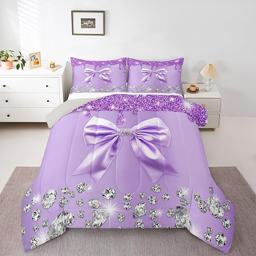 Cute Ribbon Bowknot Comforter Sets, Glitter Sequins Bow Knot Twin Comforter Set 