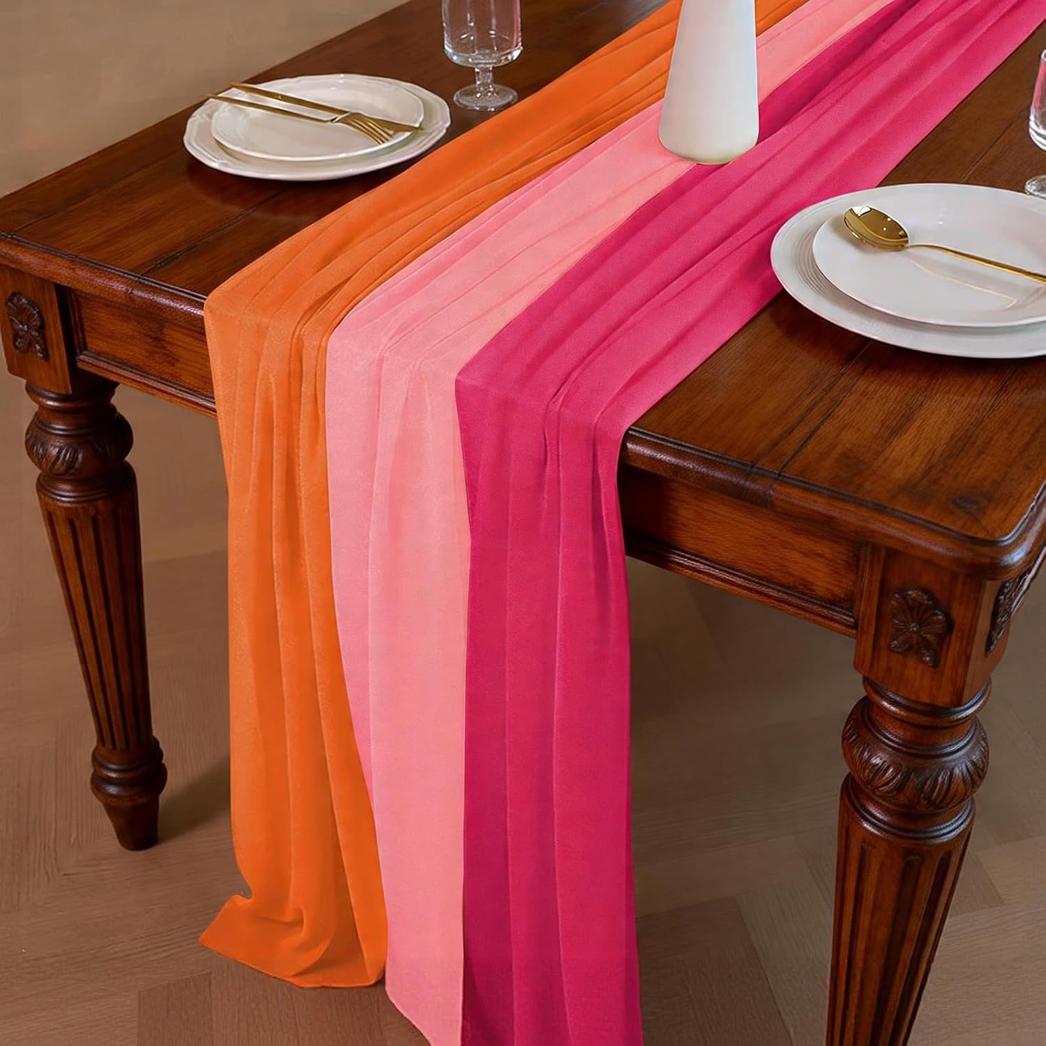 3 Pcs Pink and Orange Party Decorations Sunset Beach Striped Gauze Table Runner Tulle Sheer Mesh Table Cover for Summer Wedding Bridal Shower Birthday Party Fiesta Home Decor，Sunset