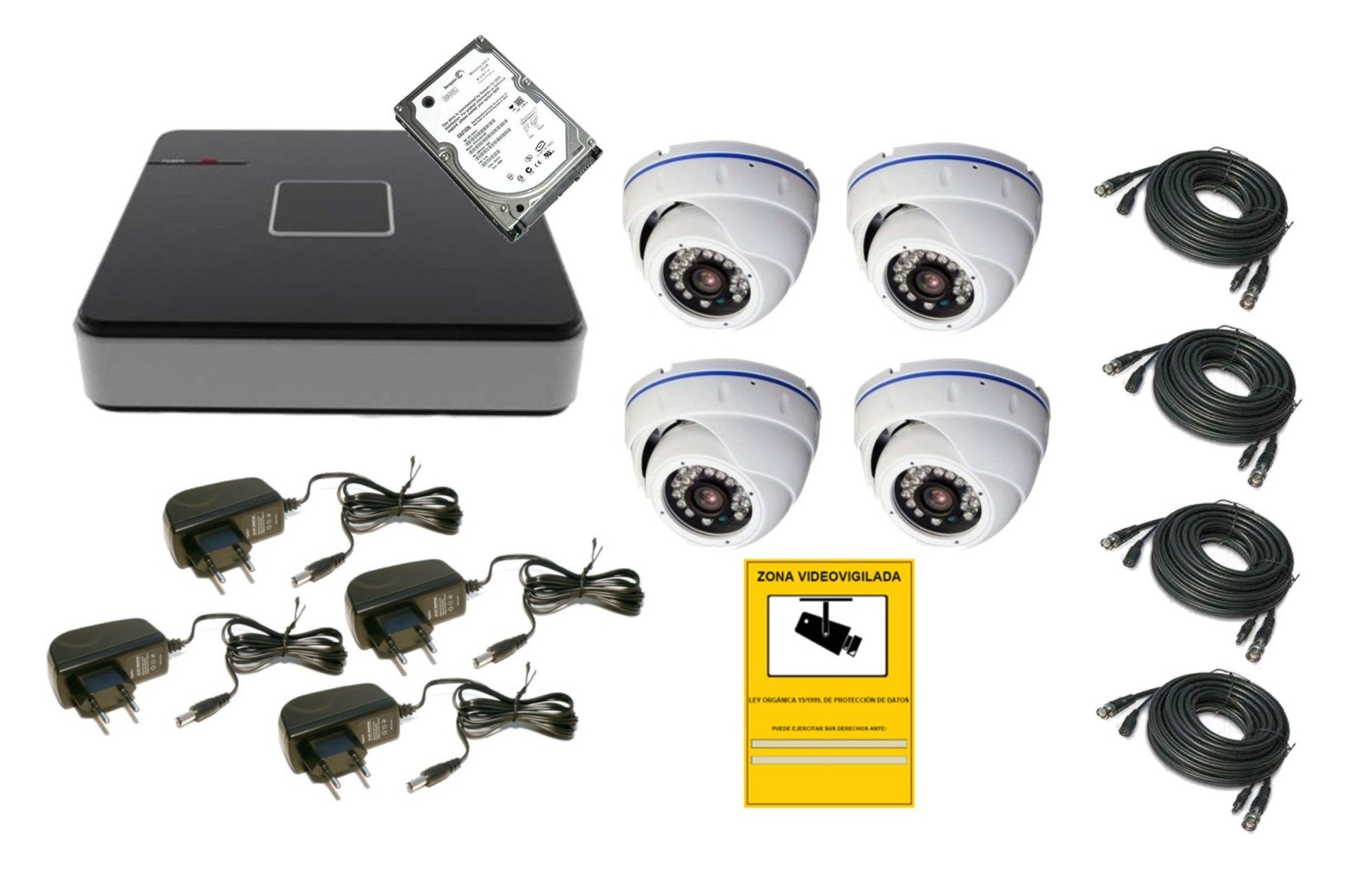 CCTV Kit Grabador de 4CH (H.264) DVR y 4X 800TVL Cámara Minidomo HD con IR Visión Nocturna Videovigilancia Sistema de Seguridad para el hogar Negocio