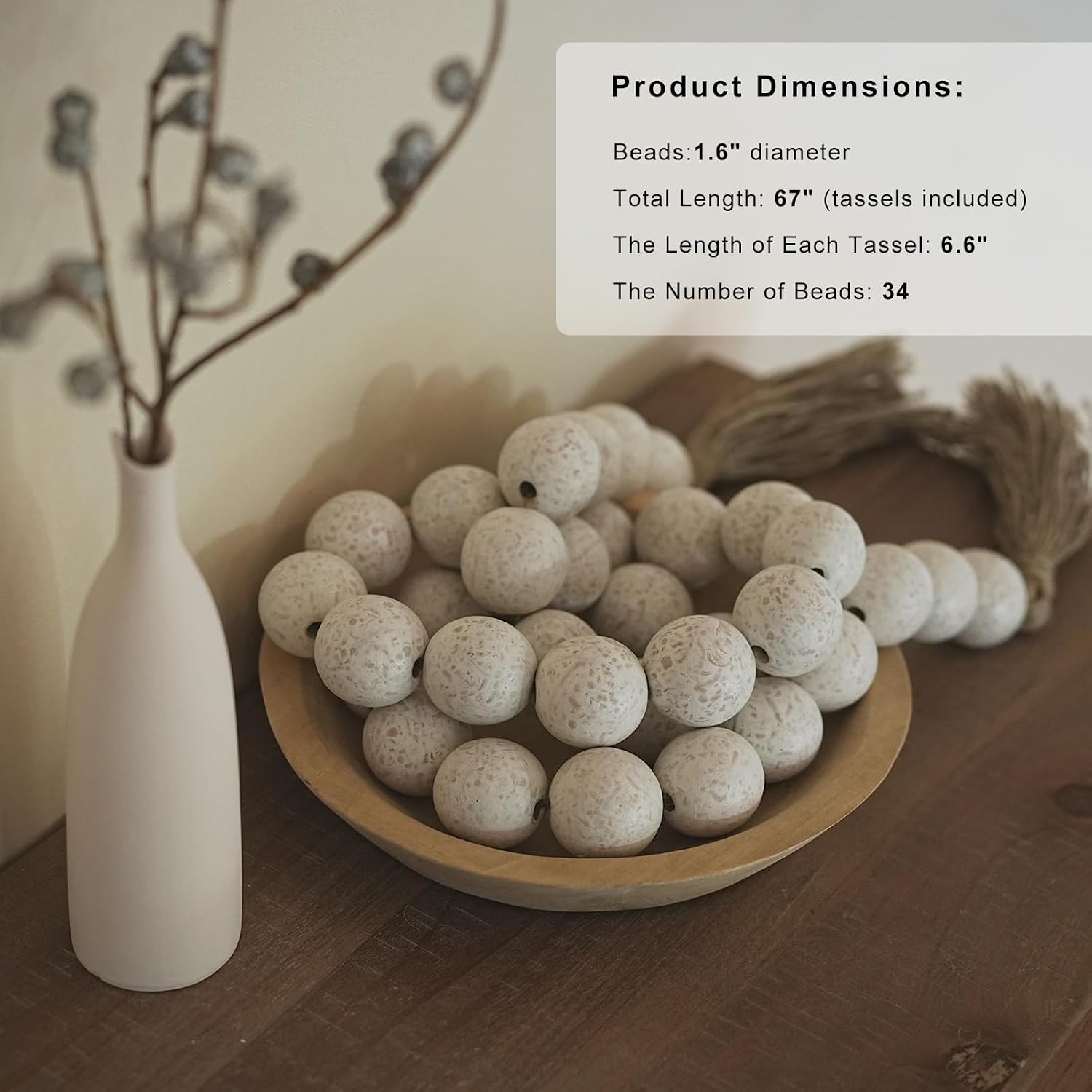Extra Large Wood Bead Garland with 1.6" Diameter Wood Beads, Wooden Beads Garland with Tassels, Decorative Beads Home Decor, Farmhouse Beads Decor (Rustic White, 67 Inches)
