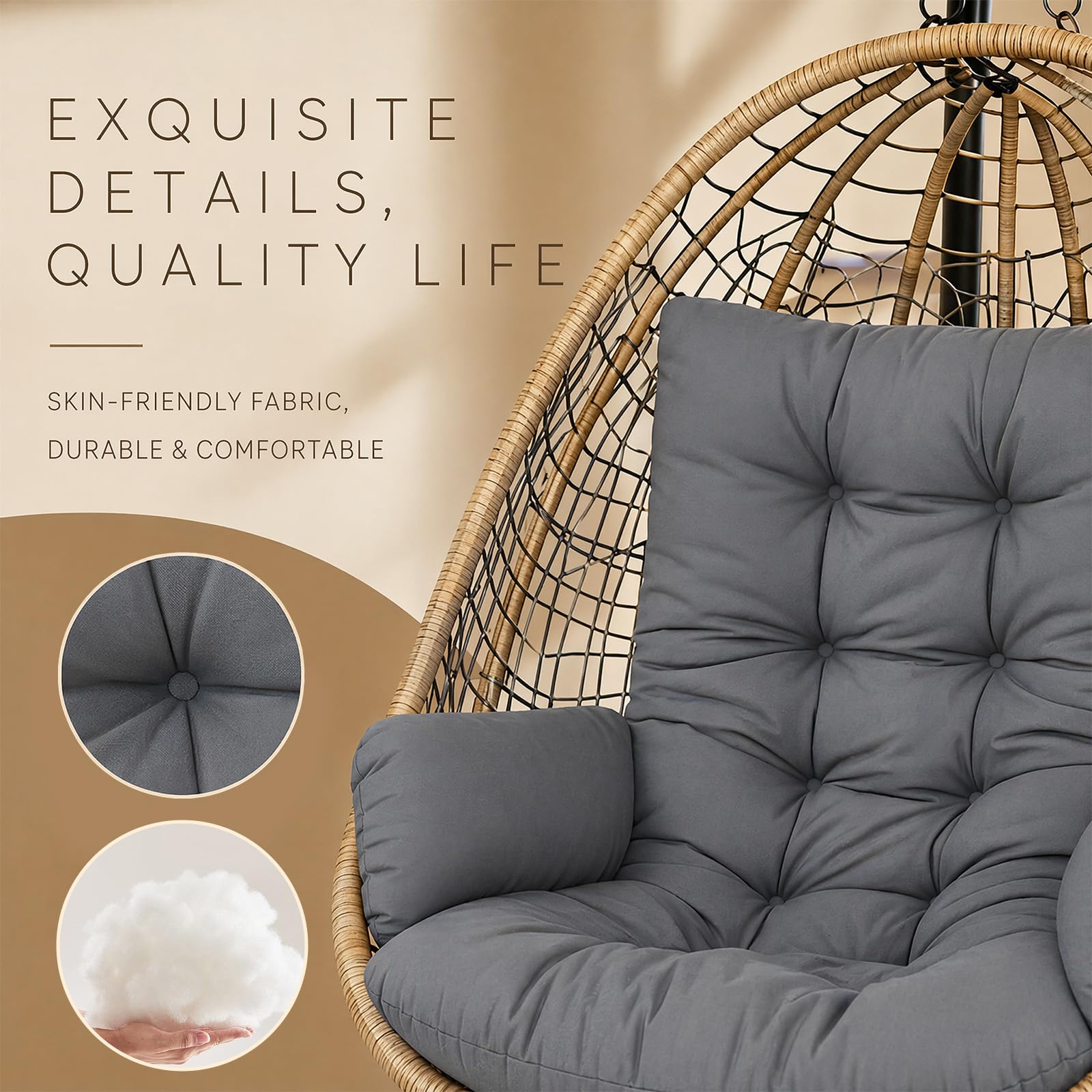 Coussin pour balancelle suspendue, coussin de chaise suspendue, coussin de jardin, coussin de siège lavable, coussin épais pour panier suspendu extérieur (gris foncé)