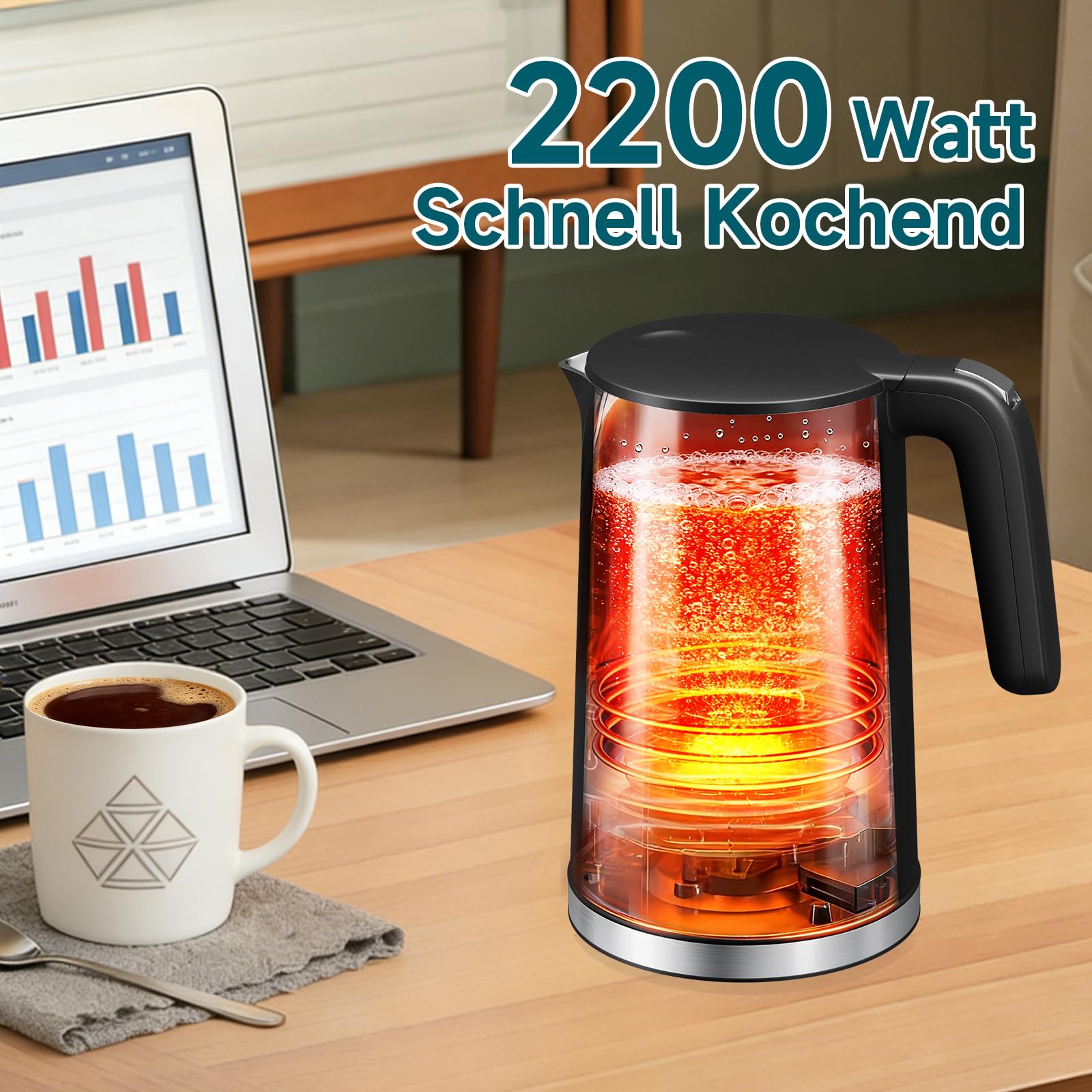 Czajnik elektryczny z regulacją temperatury, 1,7 l, czajnik ze stali nierdzewnej, 2200 W, czajnik do herbaty z 40-100°C, automatyczne wyłączanie prądu, funkcja utrzymania ciepła, ochrona przed
