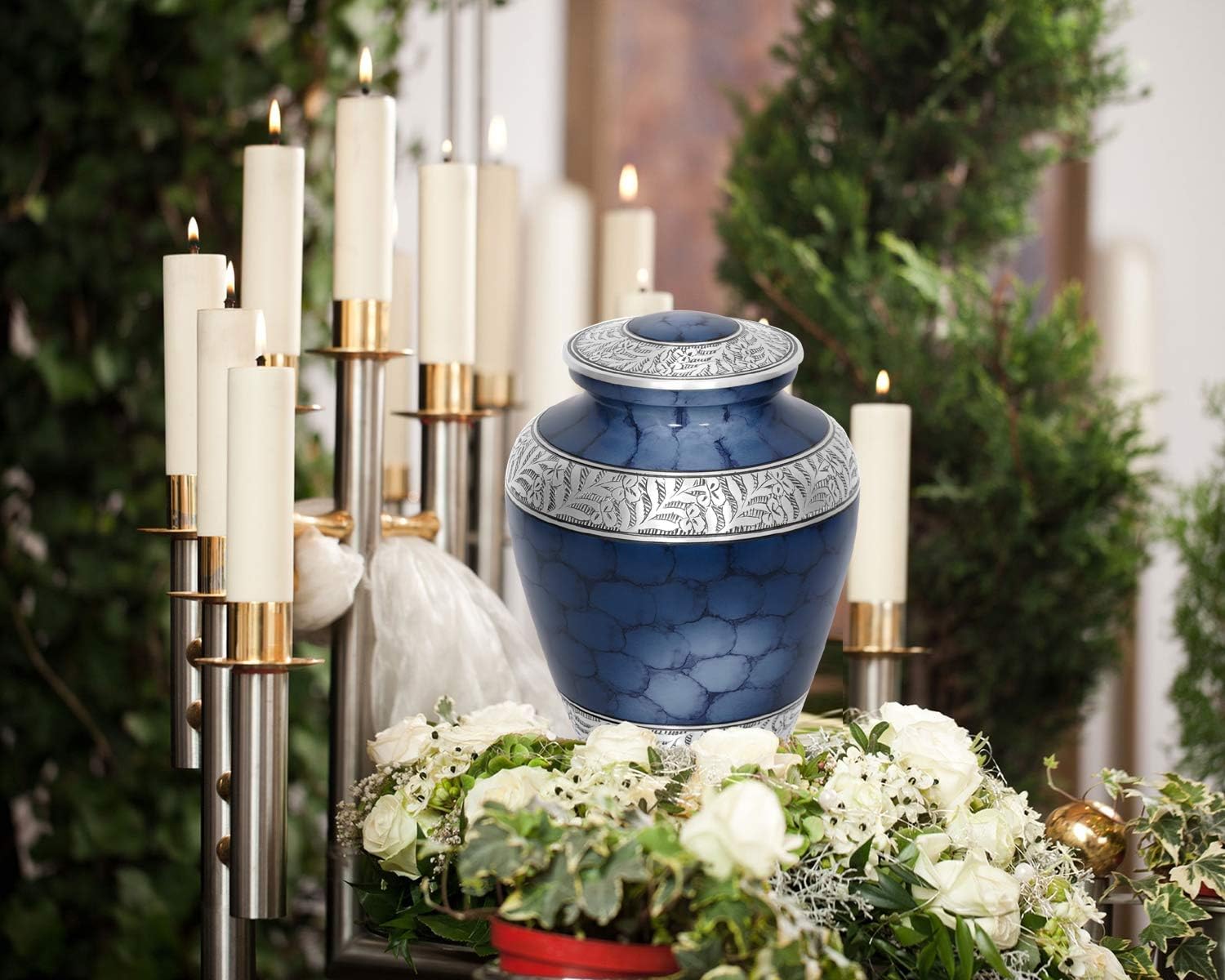MEMORIALS 4U Elite Cloud Blue and Silver Cremation Urn for Human Ashes - Adult Funeral Urn Handcrafted - Affordable Urn for Ashes - Large Urn Deal.