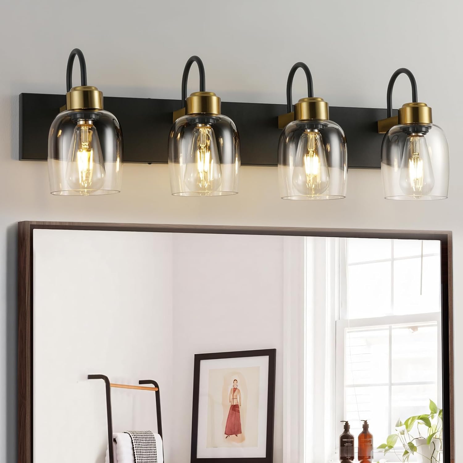 Black and Gold Glass Bathroom Vanity Light, 4-Lights Farmhouse Bathroom Vanity Lighting Fixtures Over Mirror, Vintage Rusitc Vanity Light Fixutres with Clear Glass Shade, 30 inch Wall Wall Sconces