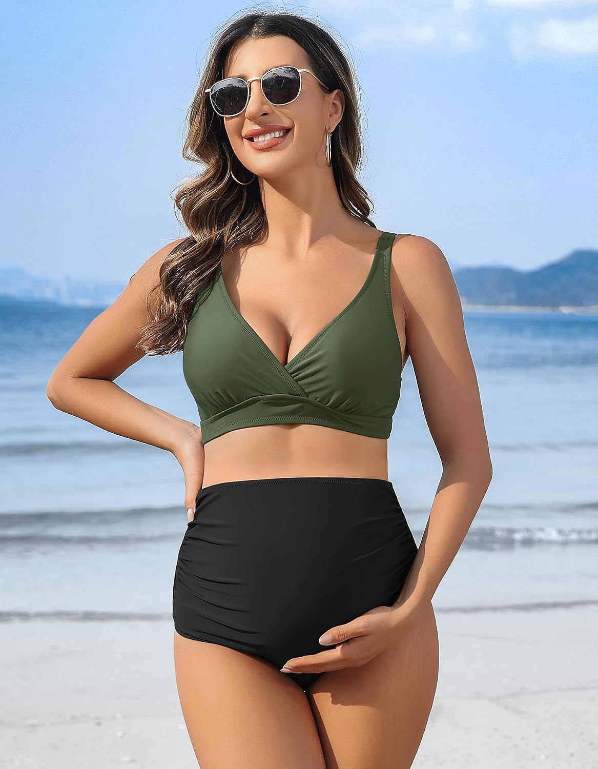 Charmo High Waisted Maternity Swimsuit Bikini Set V Neck Pregnancy Bathing Suits Push Up Two Piece Swimwear