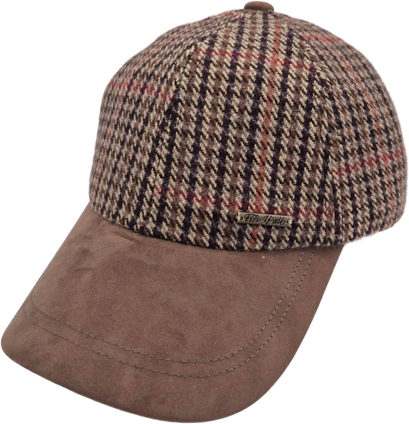 Fits Y'all Wool Tweed Houndstooth Baseball Cap with Suede Brim: Adjustable Relaxed Fit for Men, Women, and Unisex