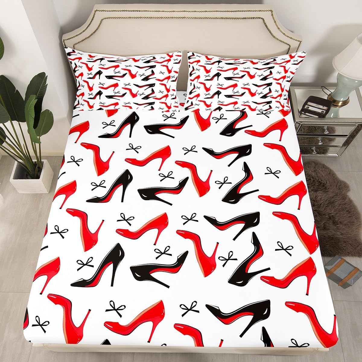 Manfei High-Heeled Shoes Bed Sheet Queen Set,Fashion Red Black High-Heels Chic Sheet Sets Adults Bedroom,Black Bowknot Princess Style Girlish Bedding Set with Flat,Fitted Sheet,2 Pillows image 2