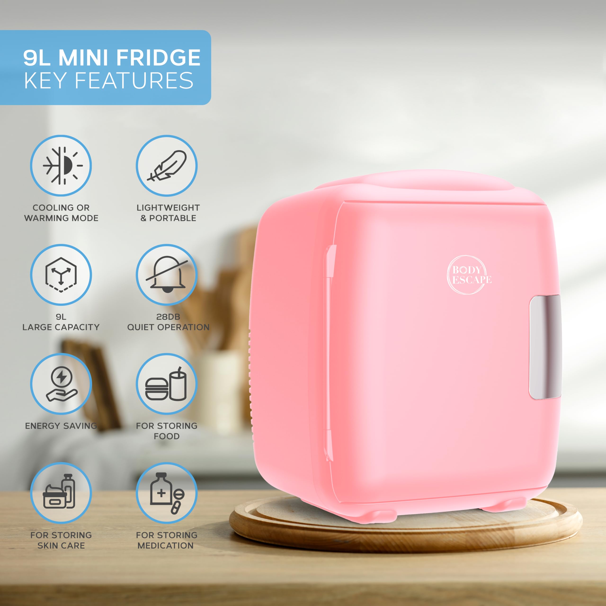 Body Escape Mini Beauty Fridge for Skincare - Birthday Gifts for Her - Retro, Portable, Compact and Quiet Small Fridge for Makeup - 9L - Pink Mono