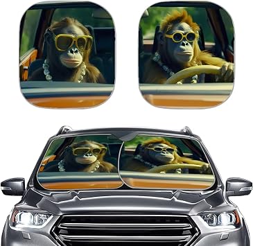Car Windshield Sun Shade 2 Pcs Set, Funny Monkey Printed Sun Blocker for Car Windshield, Foldable Automotive Interior Accessories for Sun Protection
