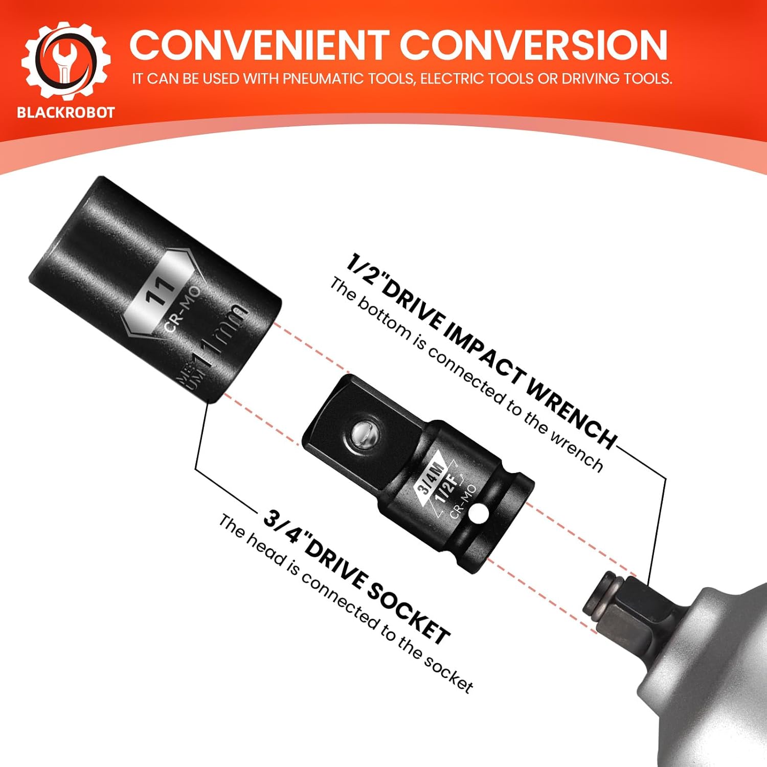 BLACKROBOT 2PCS Impact Socket Adapter and Reducer Set, 1/2" to 3/4" & 3/4" to 1/2" Socket Adapter Set, SAE Drive Cr-Mo Steel Exceeds ANSI Standards, Square Drive Adapter for Impact Driver Wrench