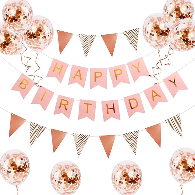 Happy birthday bunting banner balloons  14 pieces happy birthday decoration pack include a set of rose gold birthday bunting pink birthday banner 2 ribbons and 10 rose gold confetti latex balloons.